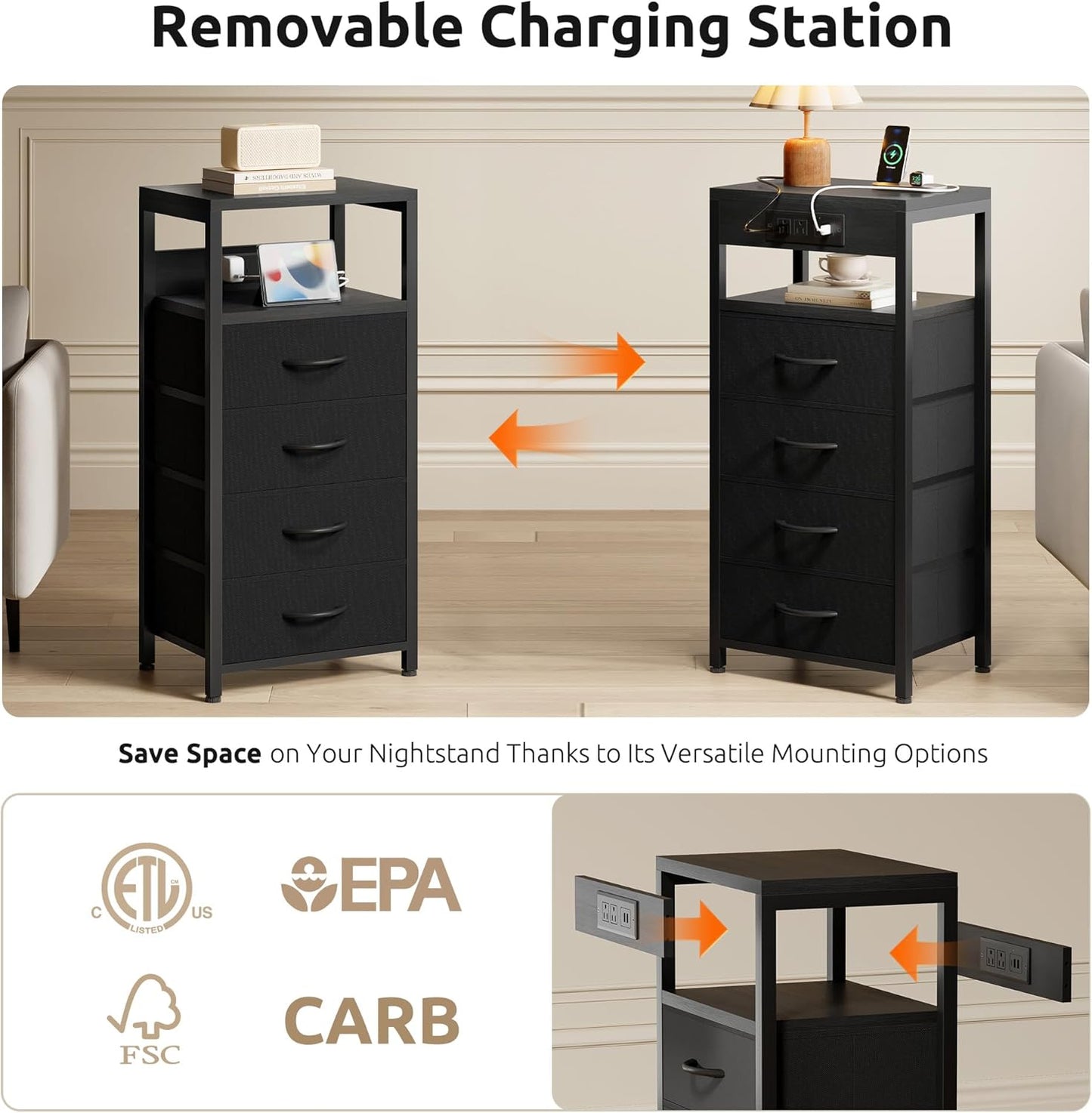 NightStand Bedside Charging Table Bedroom - Black Night Stand with Charger Station, Modern Bed Side End Table with Open Shelf & 4 Fabric Drawers, USB-C USB Ports & AC Outlets for Dorm Living Room