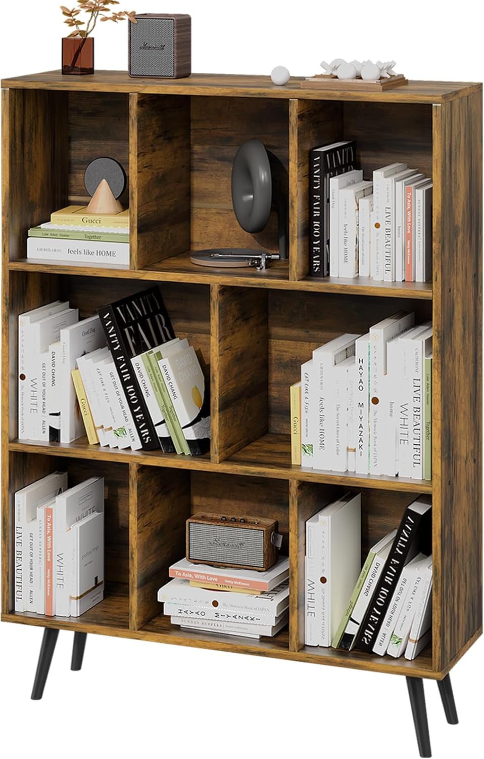 Bookshelf, 3-Tier 8 Cube Open Wooden Book Shelf with Legs, Floor Standing Office Bookcase, Wooden Bookcase for Office Furniture, Cubby Storage Organizer for Living Room/Bedroom