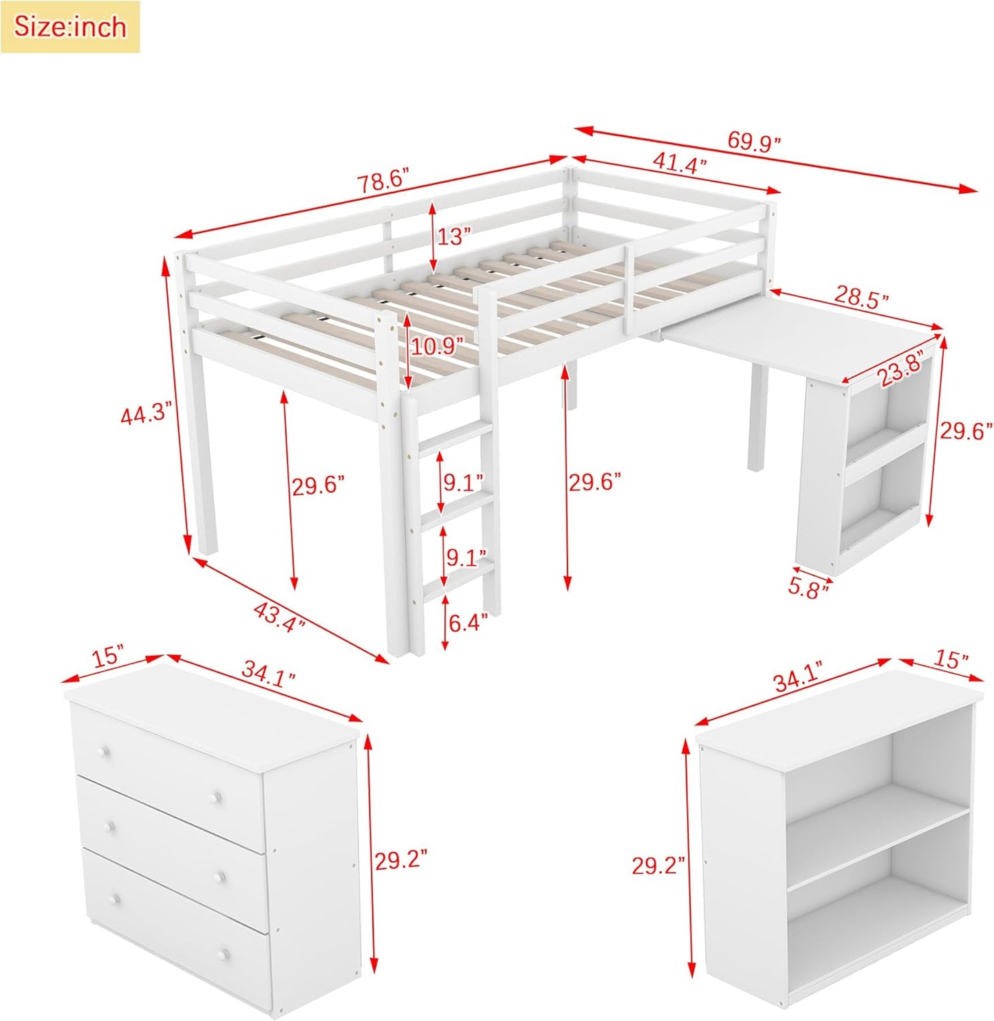 KEIKI Twin Loft Bed with Pull-Out Desk, Drawers & Open Shelves, Wooden Bed Frame with Guardrail, Low Design for Kids, White