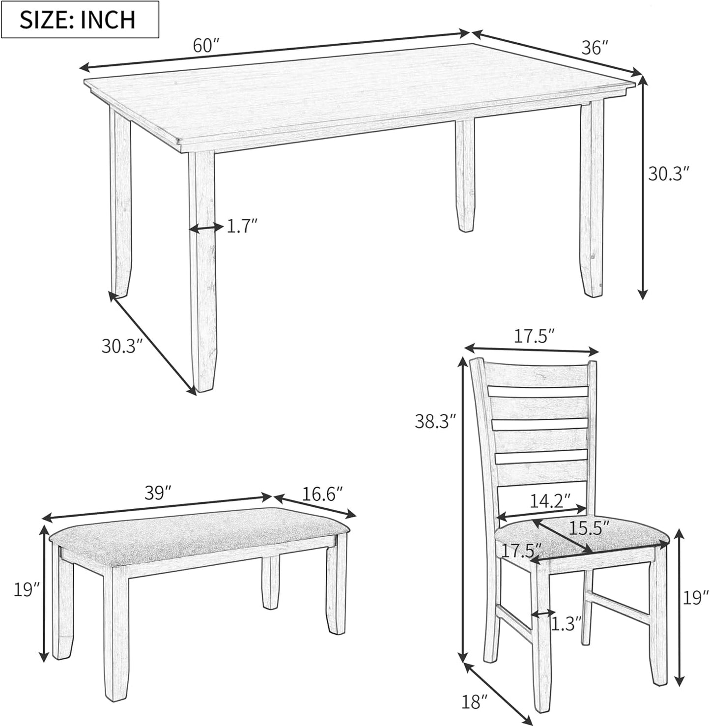 SogesPower 6-Piece Rustic Dining Table Set for 4-6,Rectangular Farmhouse Kitchen Table Set with 4 Chairs & 1 Bench for Dining Room Living Room,Natural Wood