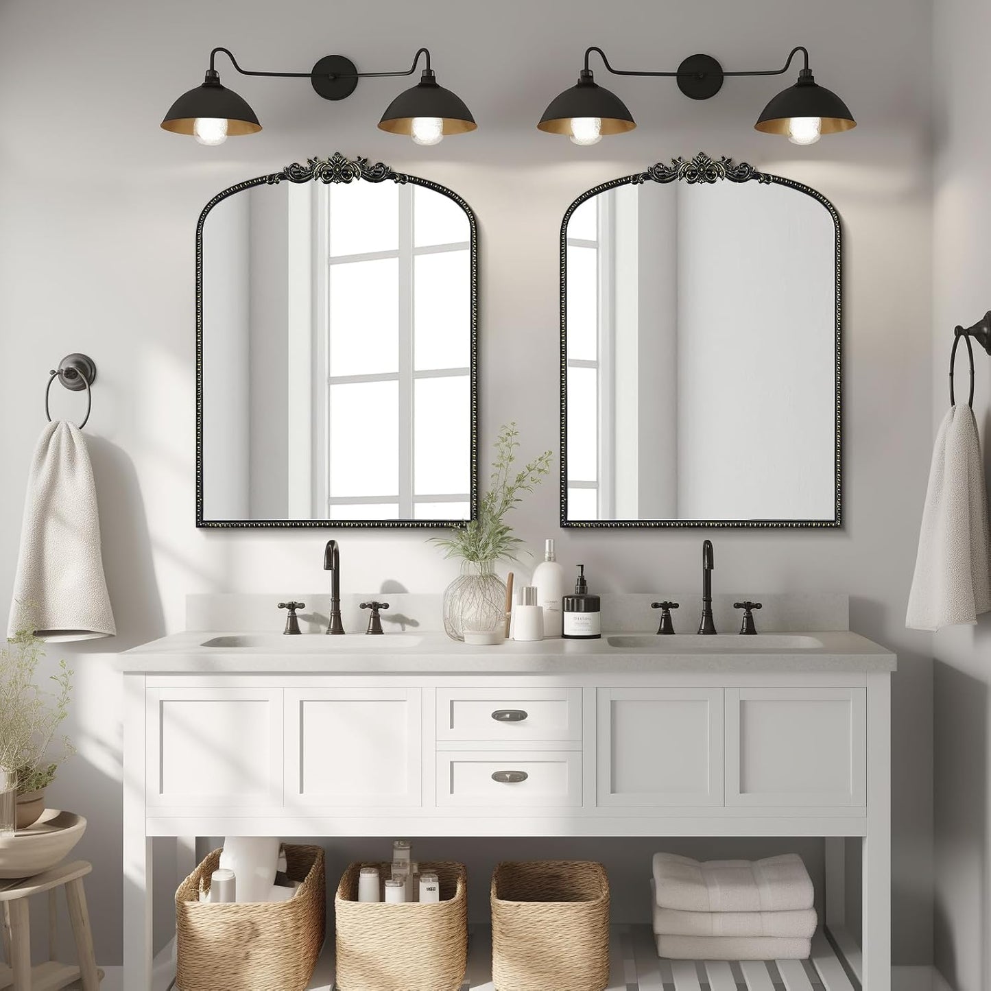 WallBeyond Gold Vintage Arched Wall Mirror, 24x32 Inch, Black Iron Frame, Bathroom, Living Room, Entryway