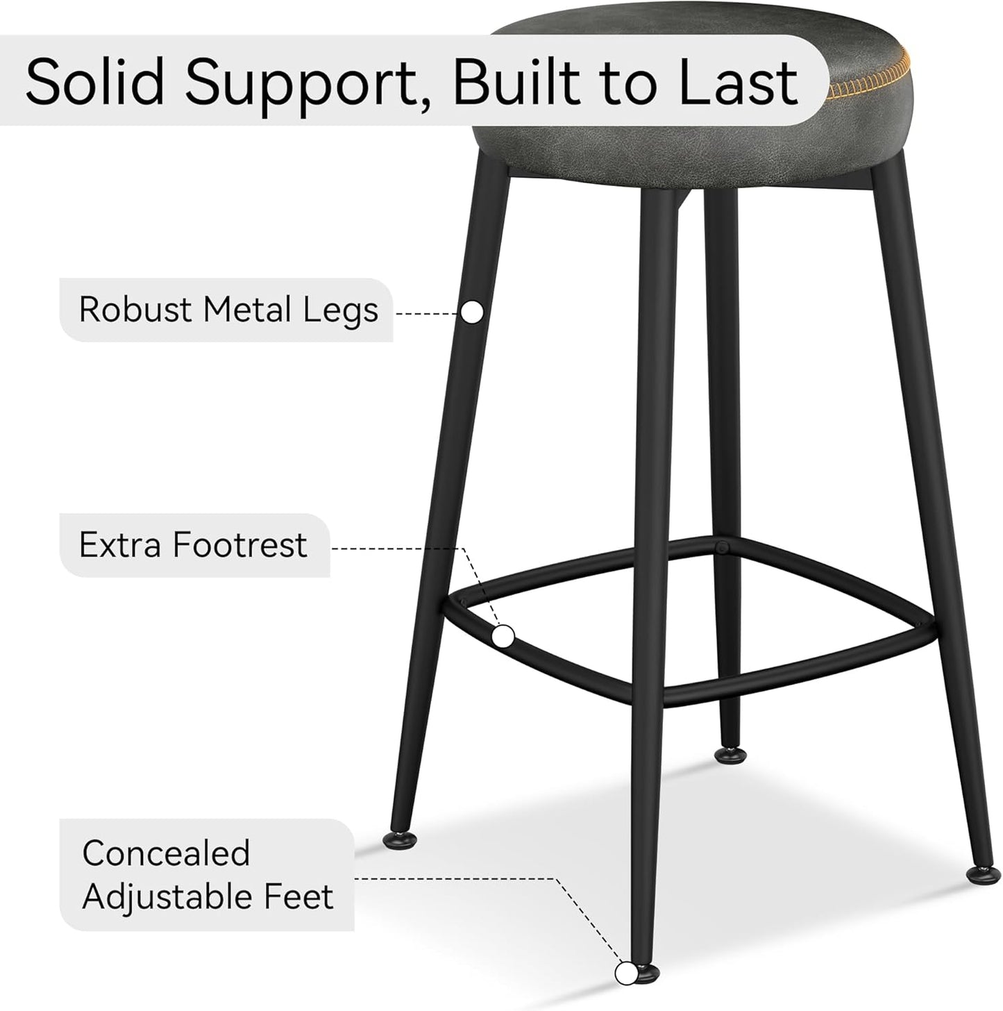 Counter Height Bar Stools, 26" H Backless Bar Stools Set of 4, Upholstered Faux Leather Kitchen Counter Stools, Mid Century Modern, Kitchen Island Home Bar, Pub, Black Grey