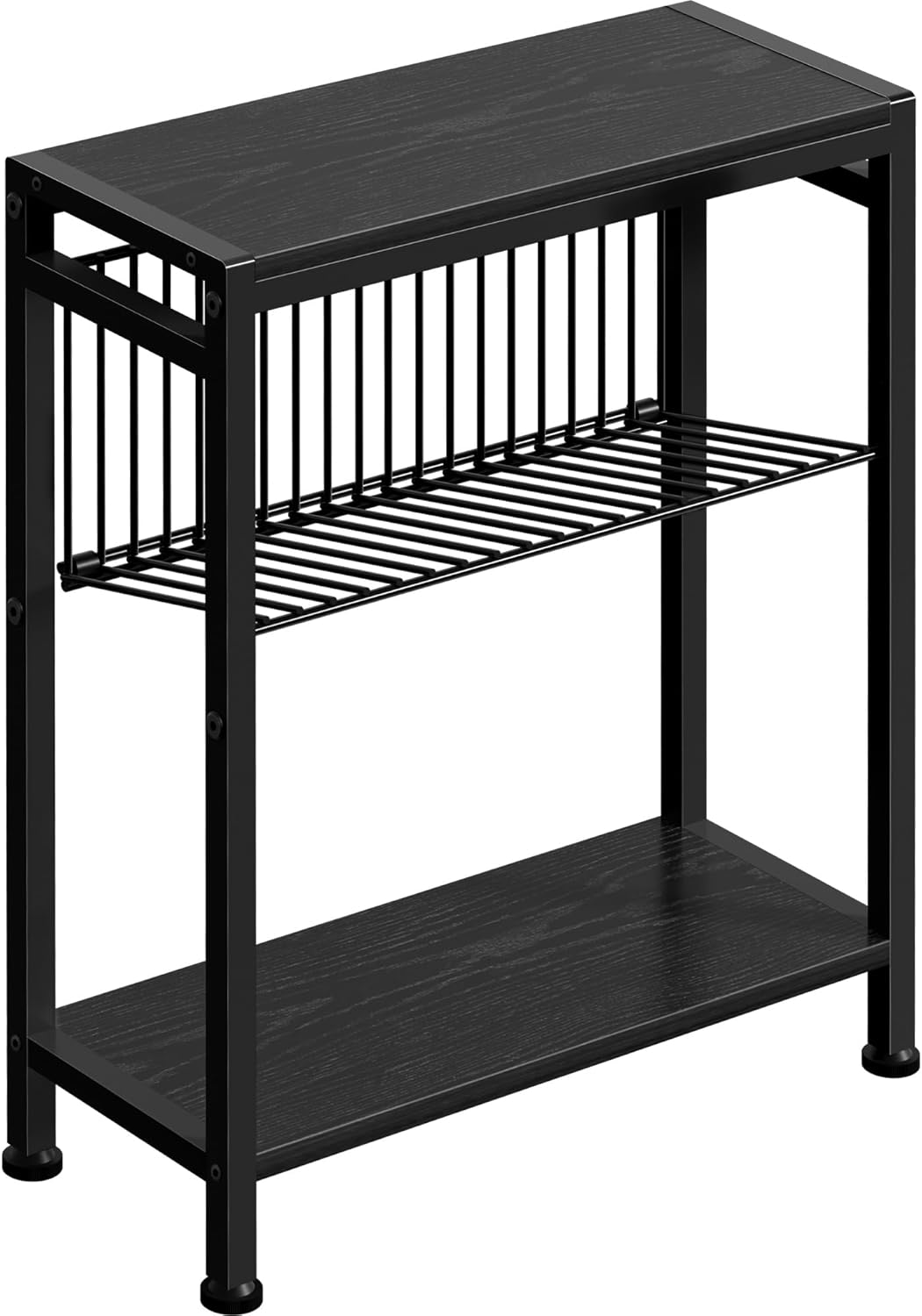 End Table for Small Space, 3-Tier Narrow Side Table with Magazine Holder, Nightstand, Skinny Snack Couch Table in Living Room, Bedroom Study and Balcony (Black)