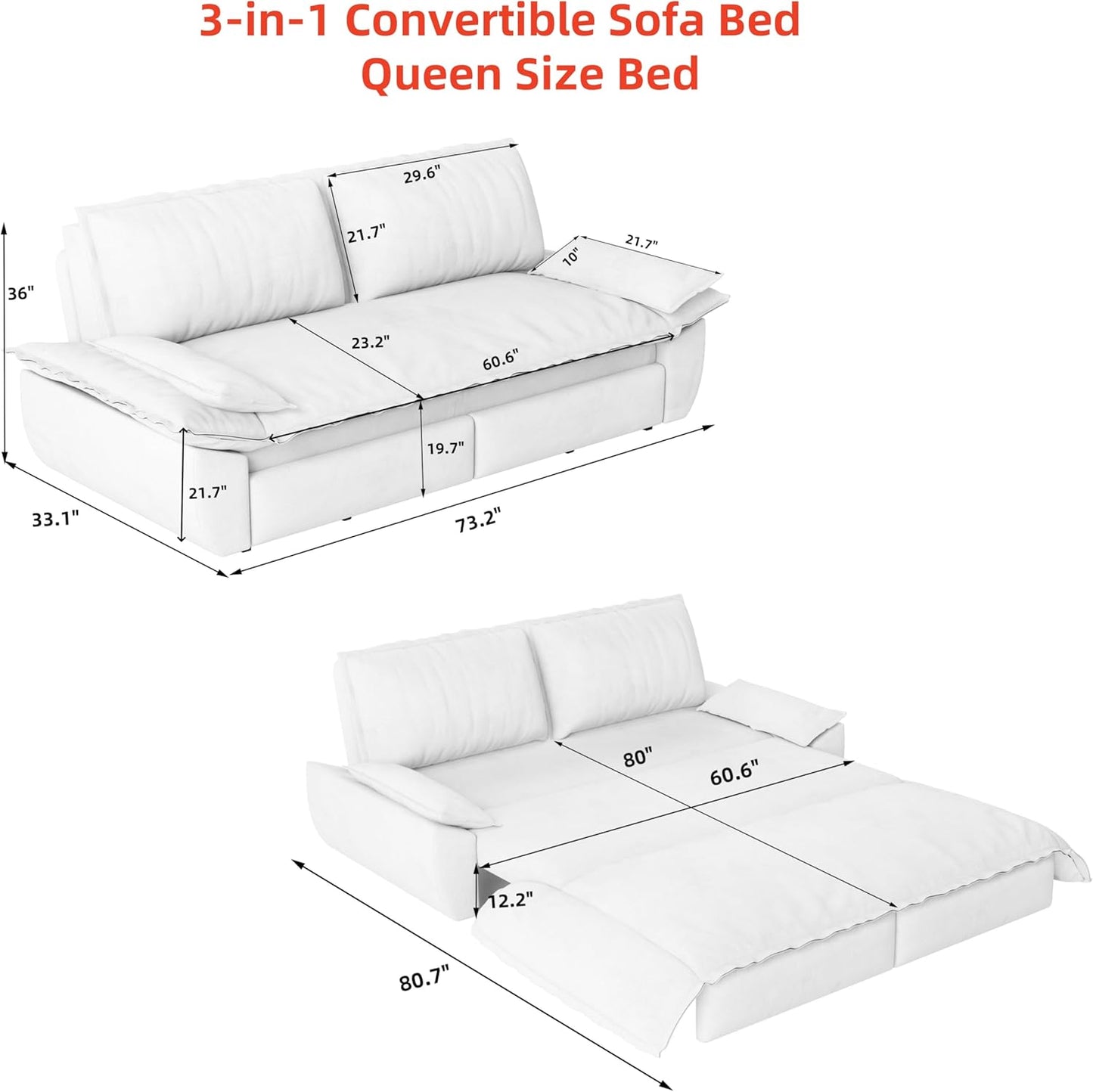 ERYE 73.2" Queen Size Sleeper Sofabed Modern 3 in 1 Convertible Loveseat Sofa&Couch, Velvet Upholstered Love Seat Sofa with Pull Out Sleep Couch Bed and W/Pillows Armrests for Home Apartment RV