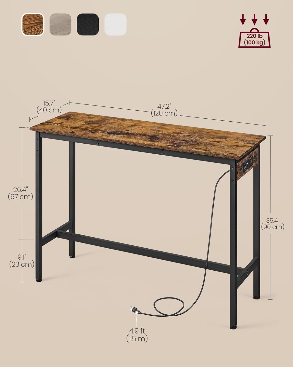 VASAGLE Bar Table, Narrow Long Kitchen Dining Table with Charging Station, Sturdy Metal Frame, Industrial, 15.7 x 47.2 x 35.4 Inches, Rustic Brown and Ink Black ULBT121K01