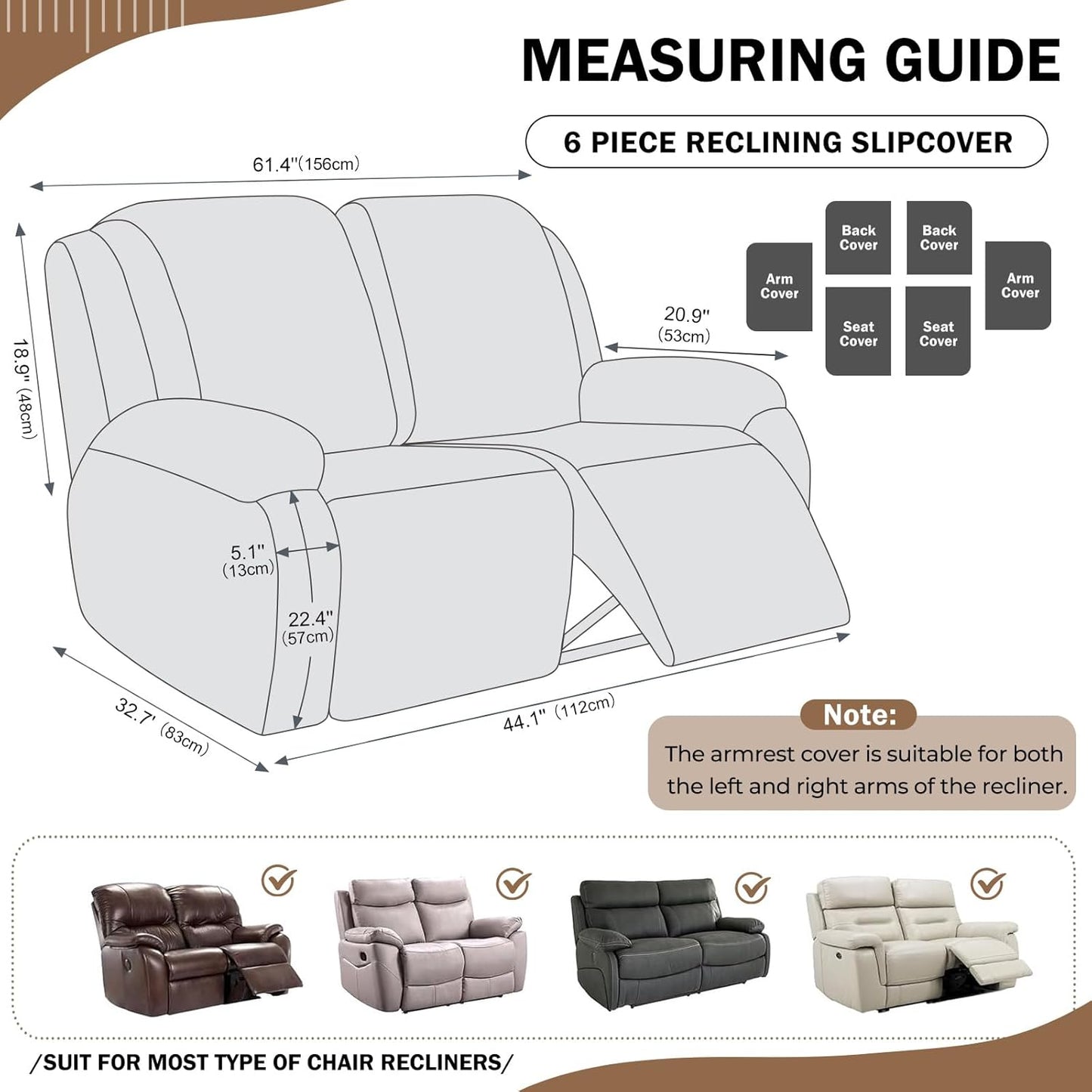vctops 6 Pieces Geometric Jacquard Plush Recliner Loveseat Slipcovers Soft Fuzzy Fluffy Sofa Couch Cover Anti-Slip Furniture Protector with Elastic Bottom for Kids Cats Dogs(Brown,2 Seat)