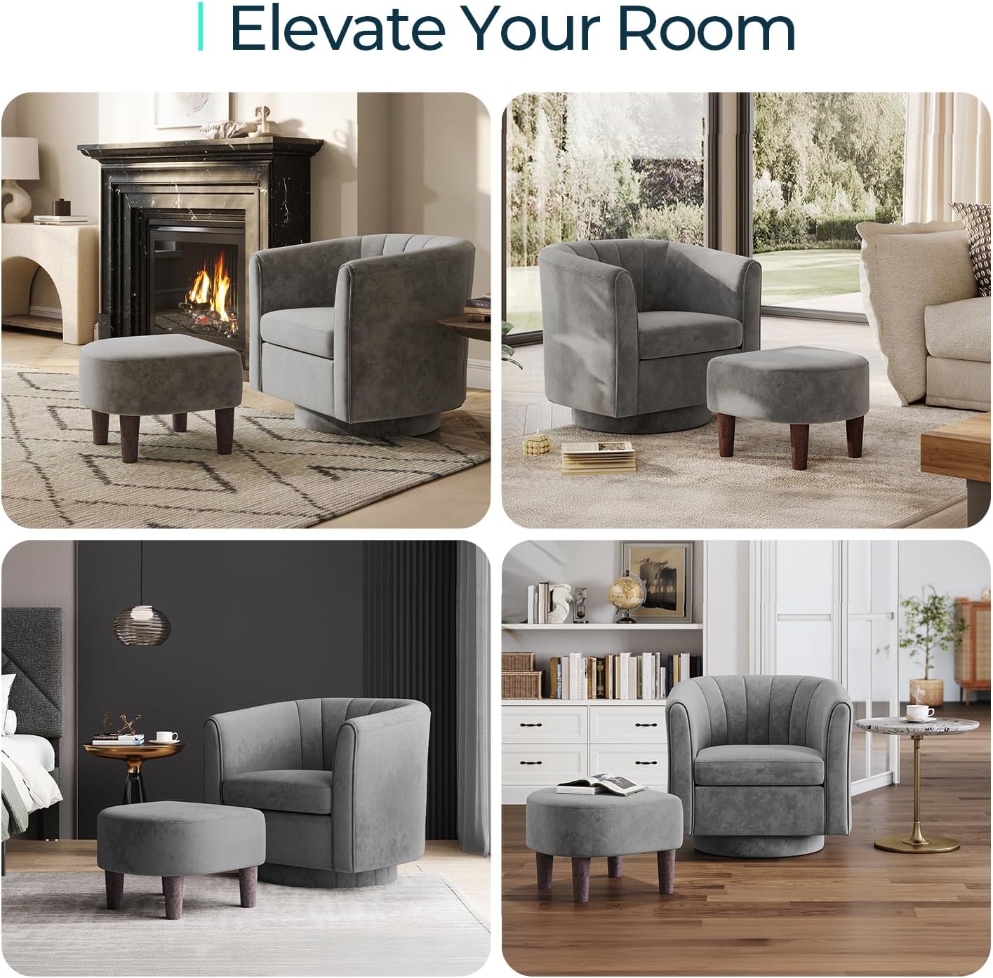 LINSY Swivel Accent Chair with Ottoman: Small Velvet Barrel Chair 360 Swivel Modern Armchair, Upholstered Reading Chair with Footrest for Living Room Bedroom Study Room (Grey)