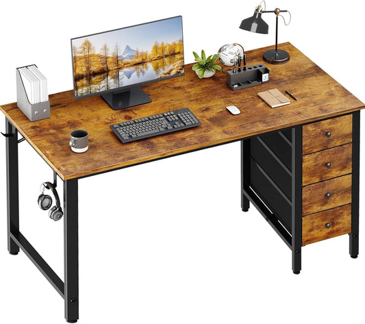 Lufeiya Computer Desk with Fabric Drawers - 55 Inch Long Study Work Writing Desk for Home Office Bedroom, Reversible Simple Modern Cute PC Desks with Drawer, Rustic Brown