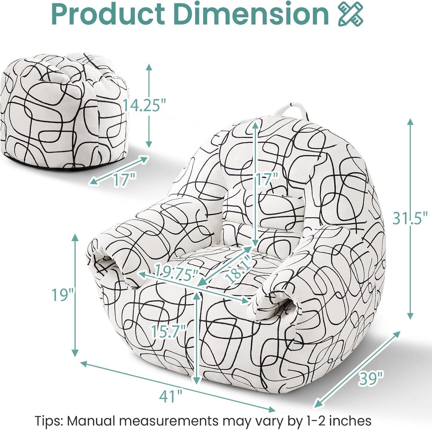 DAICO Bean Bag Chairs for Adults Comfy Accent Chair with Ottoman Floor Sofa Beanbag Couch with Armrests White Single Lazy Sofas with Foam for Living Room Reading Bedroom Gaming (Stripe Pattern)