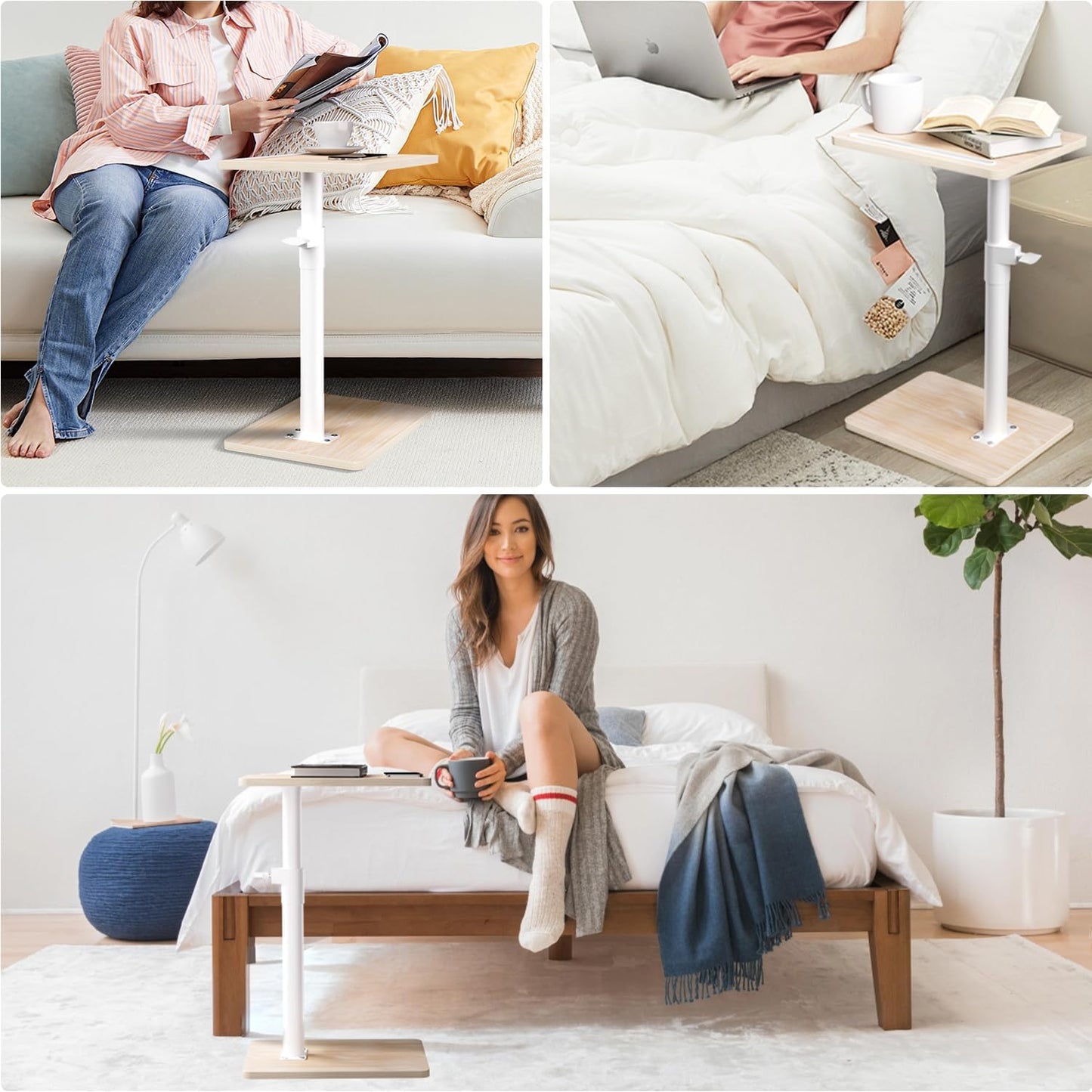 Sofa Armrest Tray Table for Couch - 360° Swivel Height Adjustable End for Small Spaces, Snack Side Table for Bed or Chair with Phone & Tablet Slot (Oak,Standard)