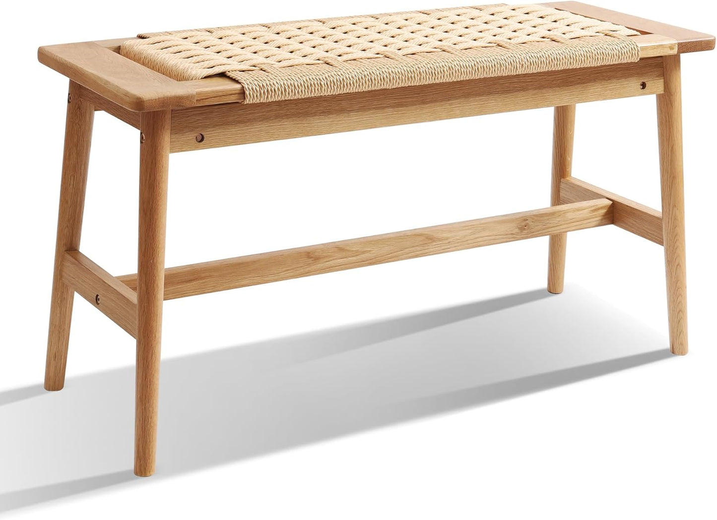 33.5" L Wood Dining Bench Indoor, 100% Natural Solid Oak Bed Bench Hand Woven Enterway Bench Small Bench for Dining Room, Bedroom, Kitchen (Natural)