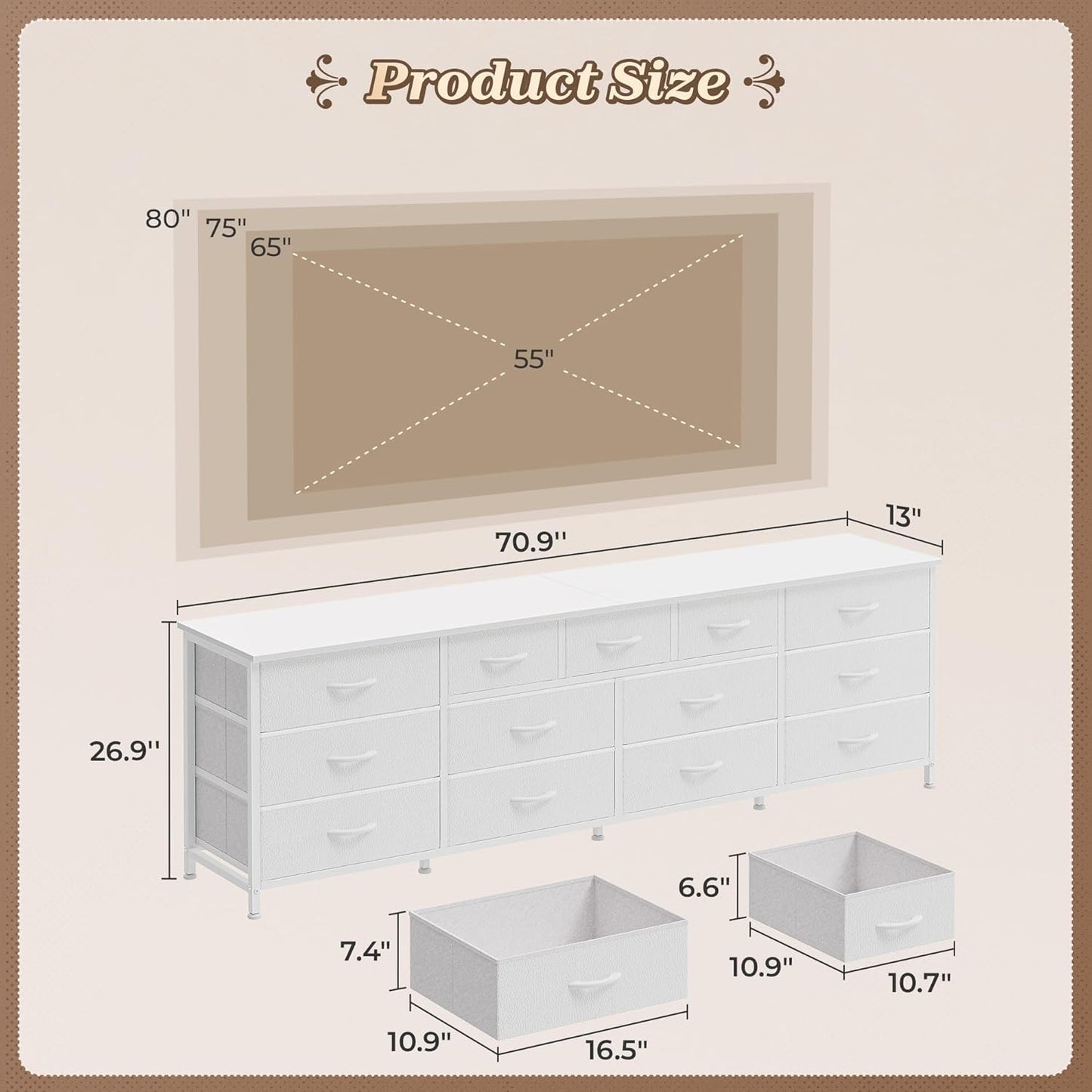 Huuger 70 Inch White Dresser for Bedroom, TV Stand for 65, 75, 80 Inch TV, 13 Fabric Drawer Long Dresser, Wide Chest of Drawer, Storage Units for Bedroom