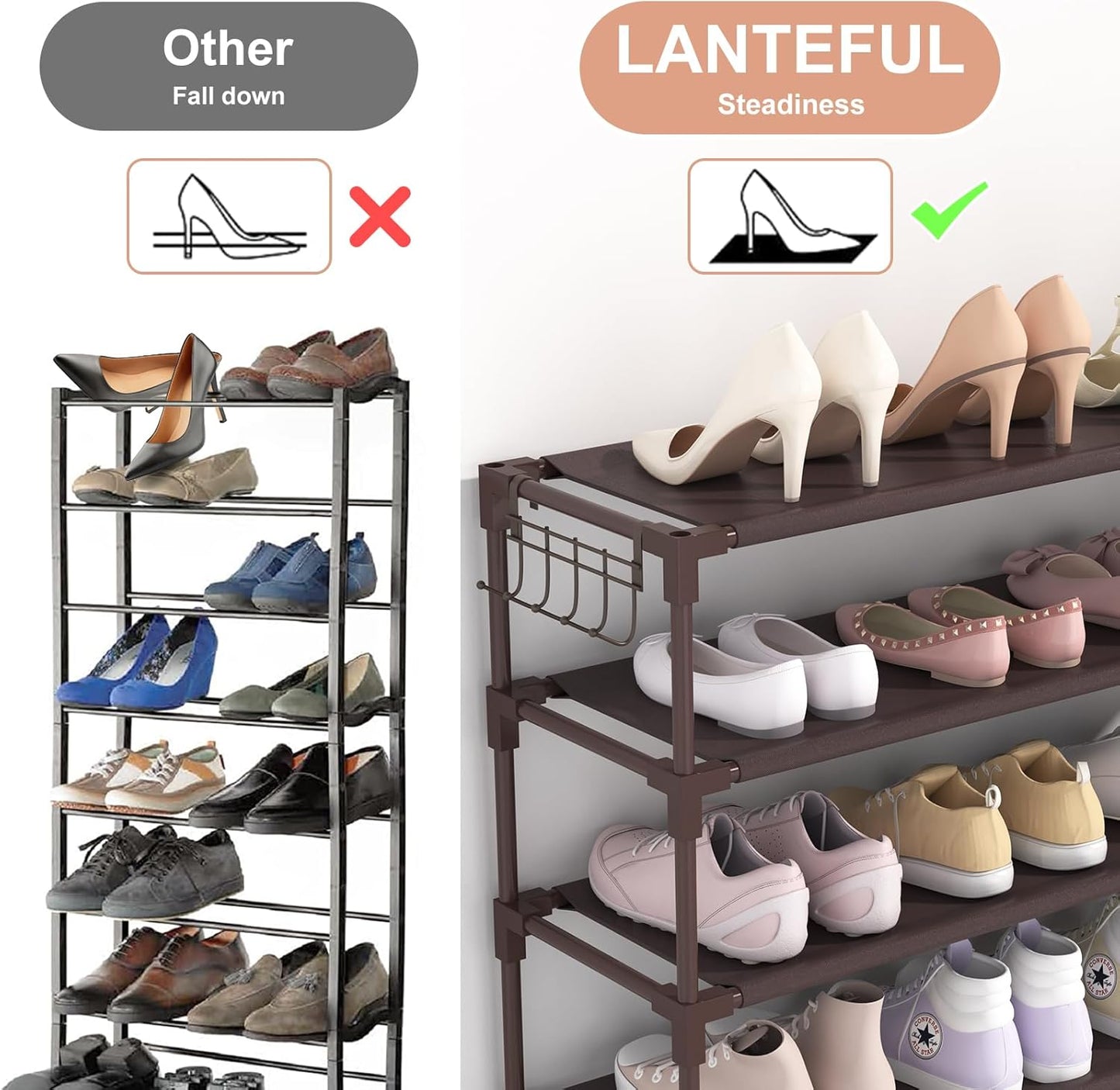 10 Tiers Shoe Rack 50 Pairs Large Capacity Tall Shoe Organizer Sturdy Shoe Storage with Two Hooks Space Saving Metal Wide Shoe Rack for Closet, Entryway, Bedroom, Brown
