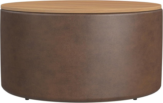 HomePop Modern Fabric Storage Ottoman with Wood Top - Faux Brown Leather