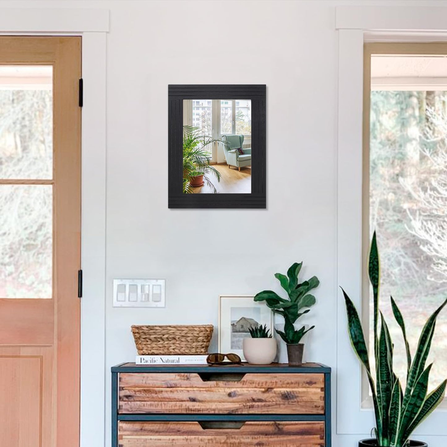 Black Vintage Rustic Wood Framed Wall Mirror Farmhouse Rectanglular Antique Decor Hanging Mirror for Bathroom Bedroom Living Room Entryway Large 16"x12"