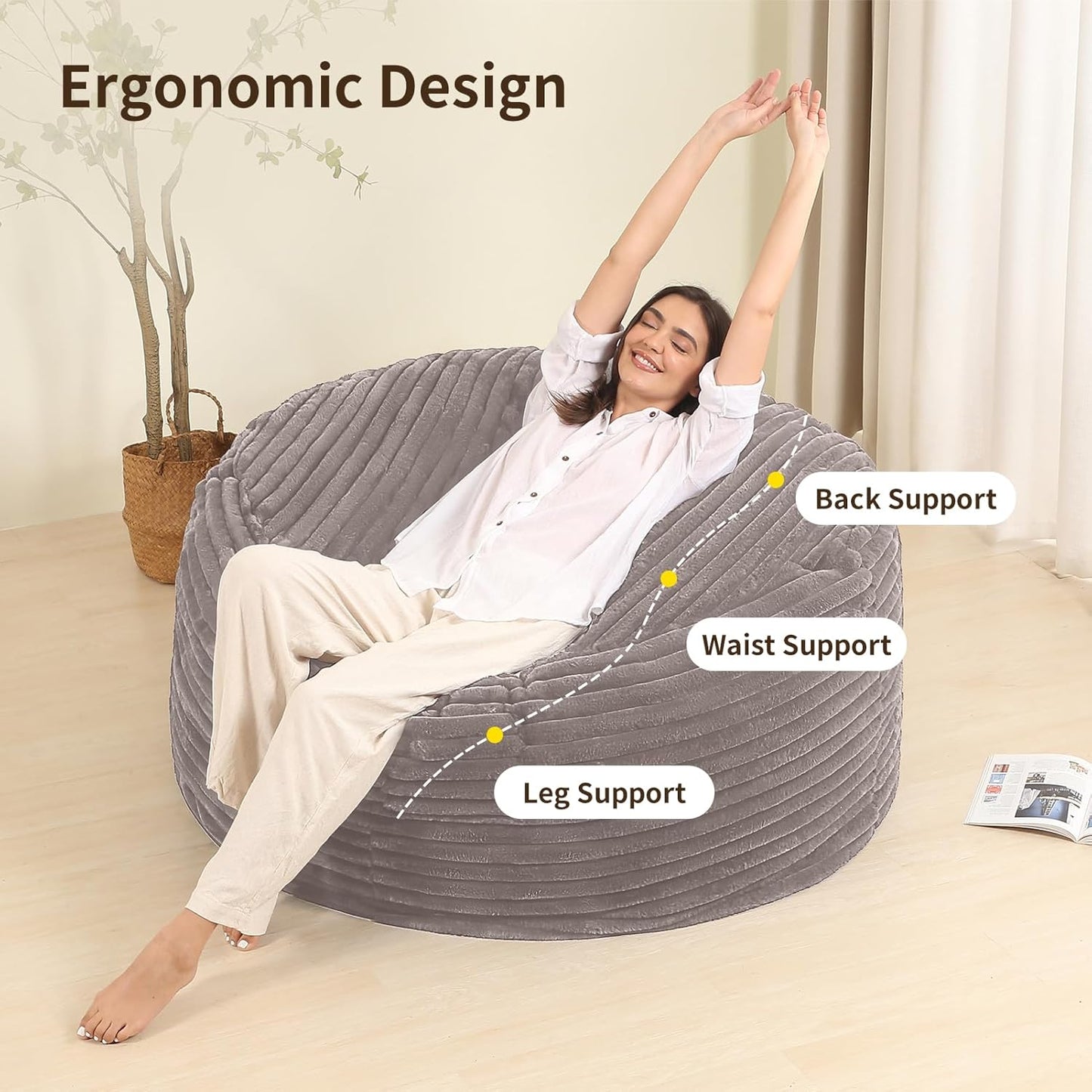 4FT Memory Foam Bean Bag Chair for Adults/Teens, Bean Bag Sofa with Fluffy Removable Cover, for Living Room Bedroom, Grey