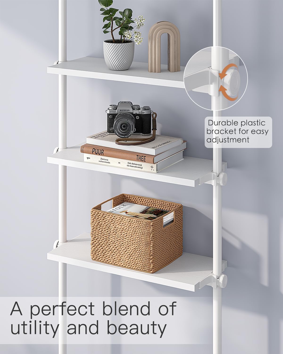 ALLZONE 5 Tiers Narrow Bookshelf, Tall Adjustable Ladder Book Shelf with Open Storage, Floor to Ceiling Tension Mount, Wooden Industrial Bookcase for Living Room, 92 to 116 Inch, White