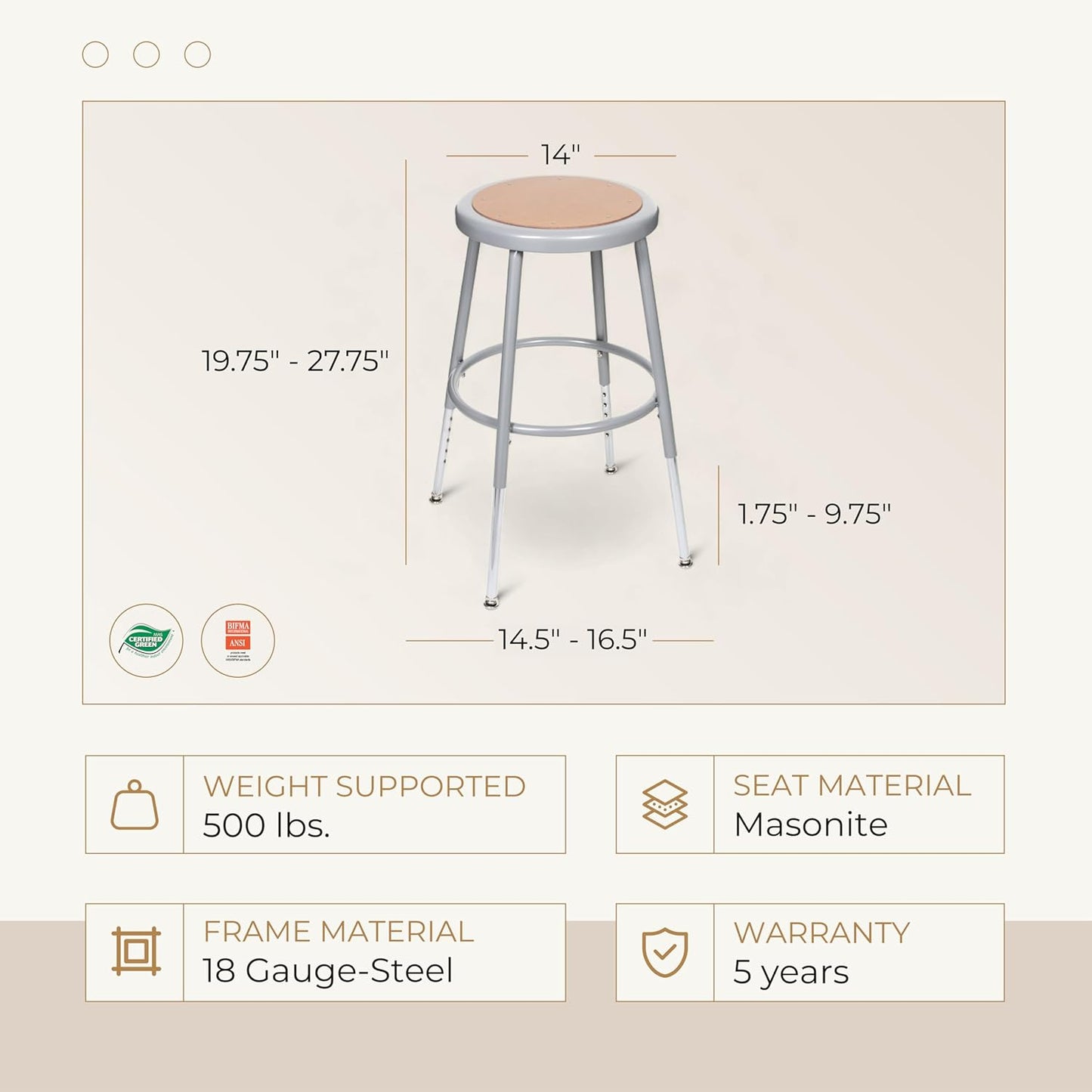 OEF Furnishings (2 Pack Height Adjustable Steel Stools, Grey, 19-27"