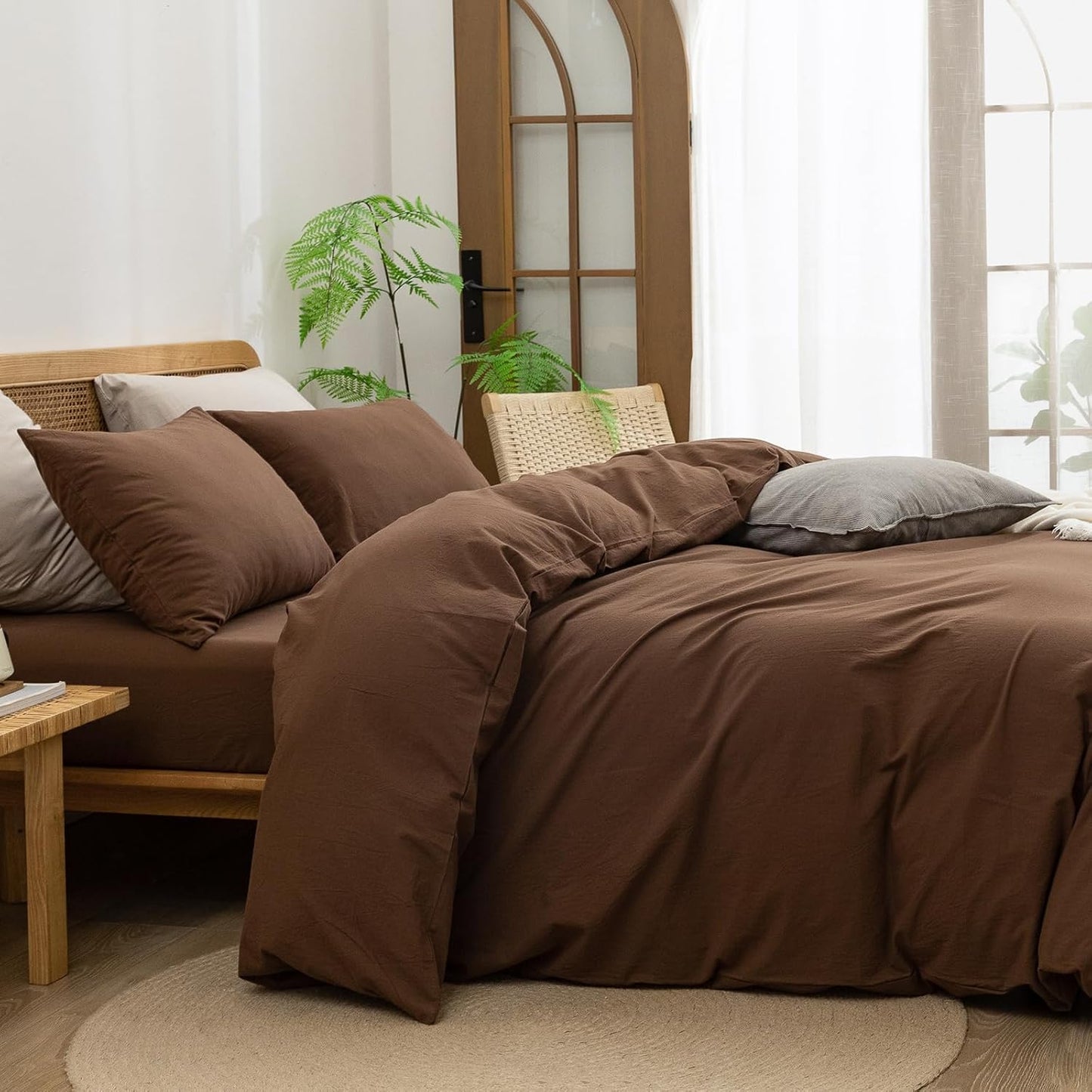 BESTOUCH Duvet Cover Set 100% Washed Cotton Linen Feel Super Soft Comfortable Chic Lightweight 3 PCs Home Bedding Set Solid Cocoa Brown Cal King