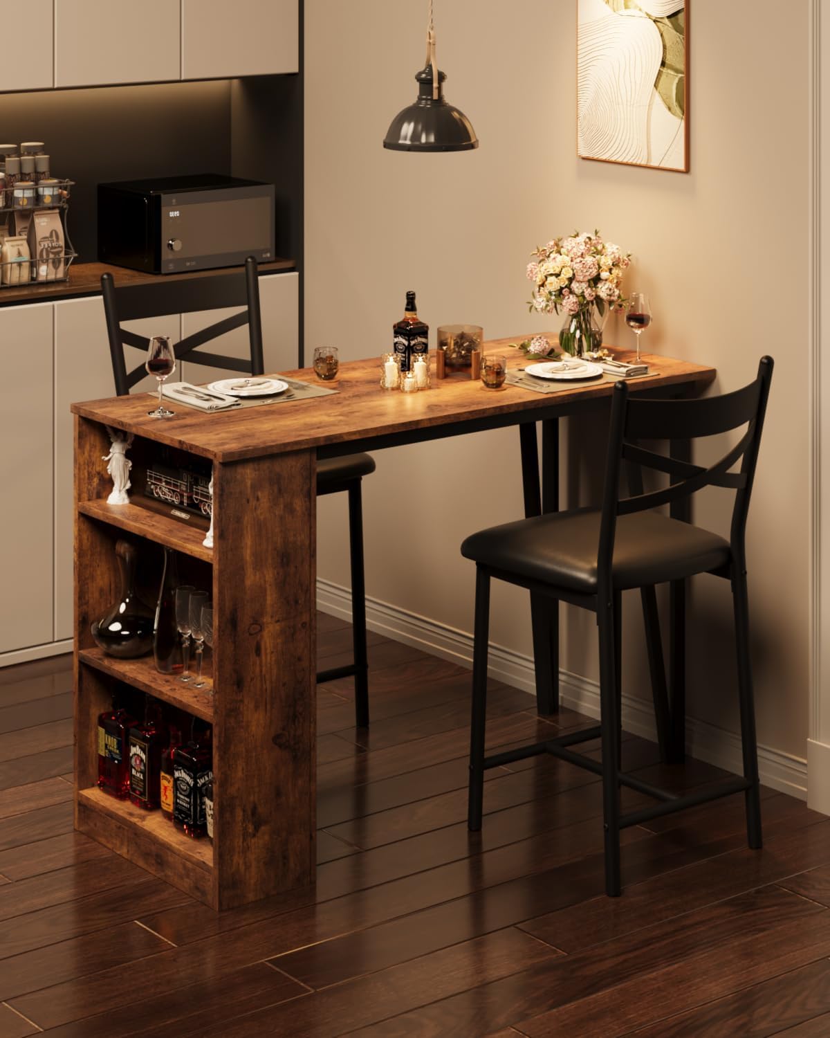 GAOMON 3 Piece Bar Table Set for 2, Bar Table and Chairs Set with with Flip Top Extension, Dining Table Set with Storage Shelves, Suitable for Small Space Kitchen Apartment, Brown