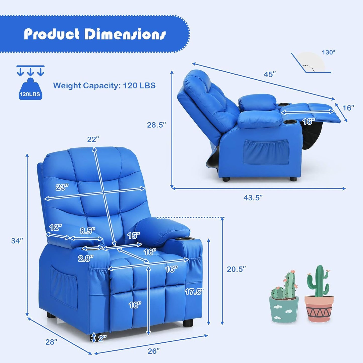 Costzon Kids Recliner Chair with Cup Holder, Adjustable Leather Lounge Chair w/Footrest & Side Pockets for Children Boys Girls Room, Ergonomic Toddler Furniture Sofa, Kids Recliner (Blue)