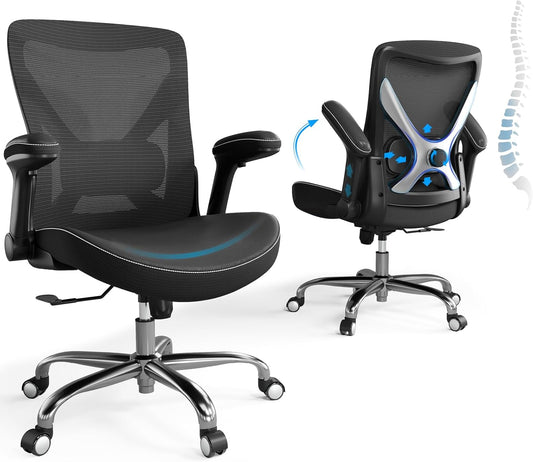 Ergonomic Office Chair-Computer PU Leather X-Shaped Desk Chair-Gaming Chair with Adjustable Flip-up Armrests Lumbar Support Mesh Executive Chair for Long Hours Office (Black-Silver)