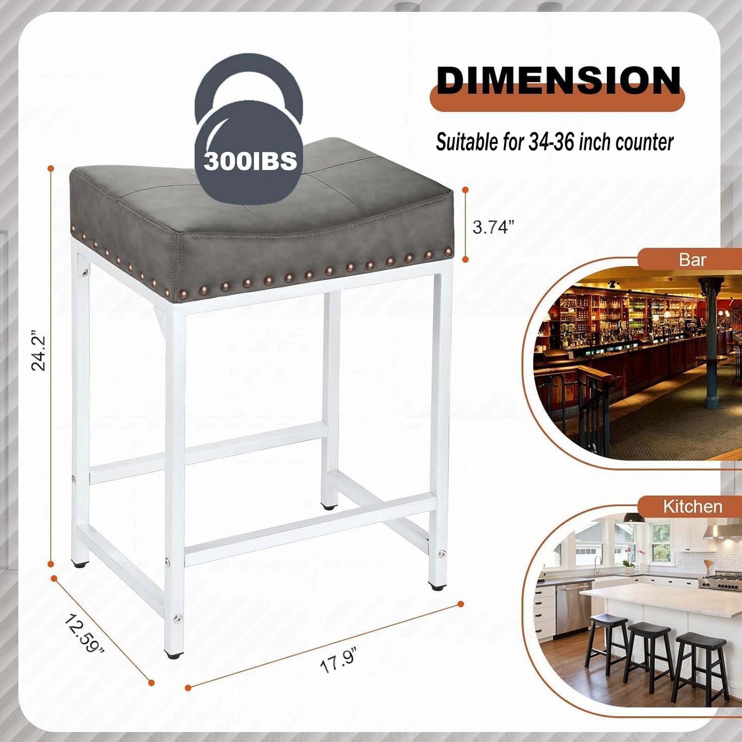 Bar Stools Set of 2, Counter Height Bar Stools with Thick Saddle Cushion and Barstools Metal Frame, 24" Modern Saddle Stool for Bar, Stool for Kitchen Counter Island Pub (Grey+White)