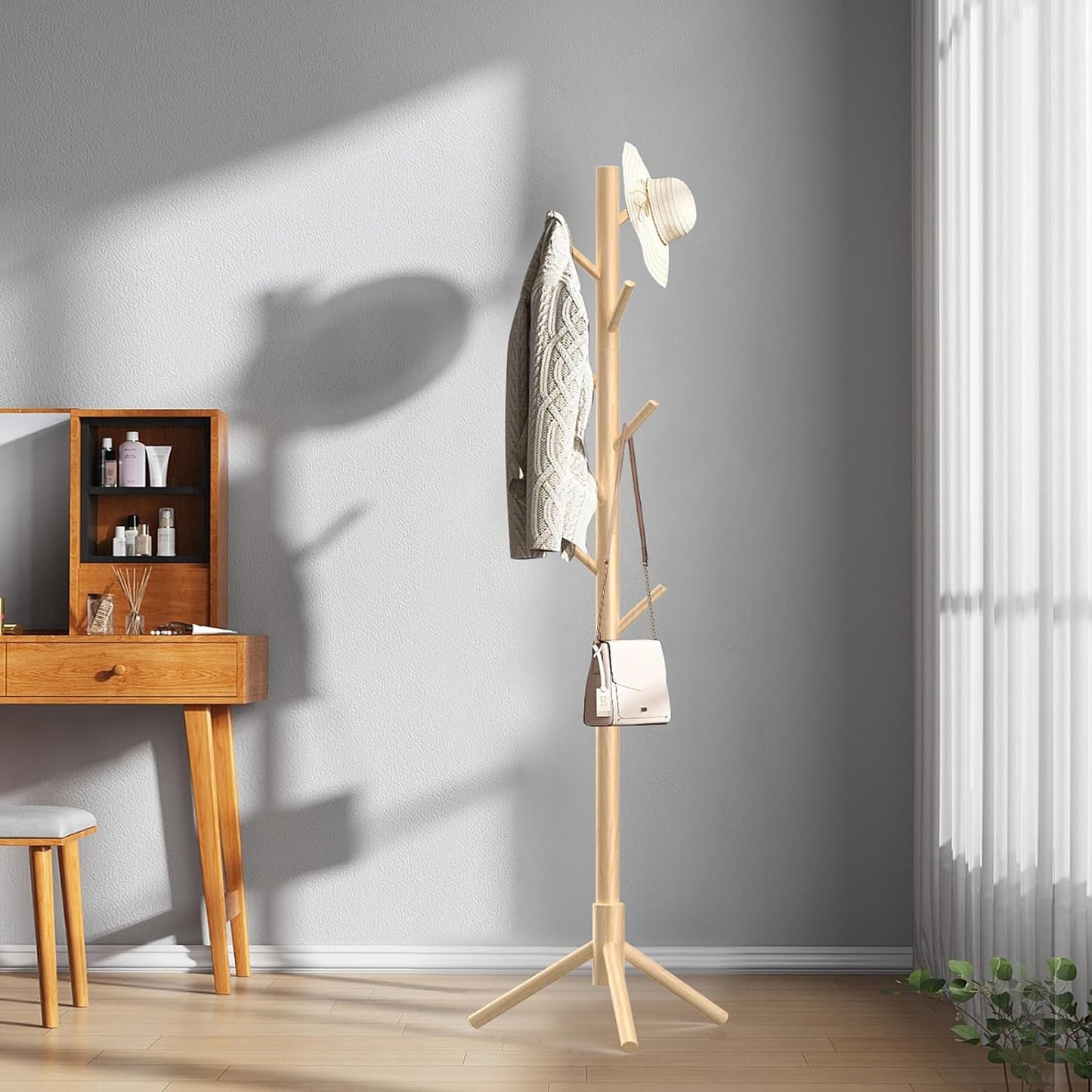 Wooden Coat Rack Stand, Freestanding Coat Rack with 8 Hooks, 3 Adjustable Size Coat Tree for Hats, Coats, Scarves bags, Coat Hanger Stand Used in Bedroom/Office/Entryway (Natural)