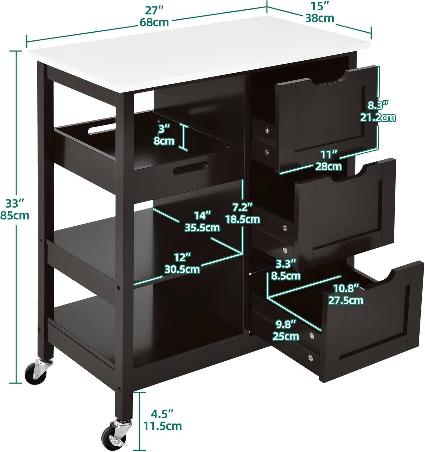 YITAHOME Small Solid Wood Top Kitchen Island Cart on Wheels with Storage, Rolling Portable Dining Room Serving Utility Carts Mobile Movable with 3 Drawers Cabinet, Dark Brown