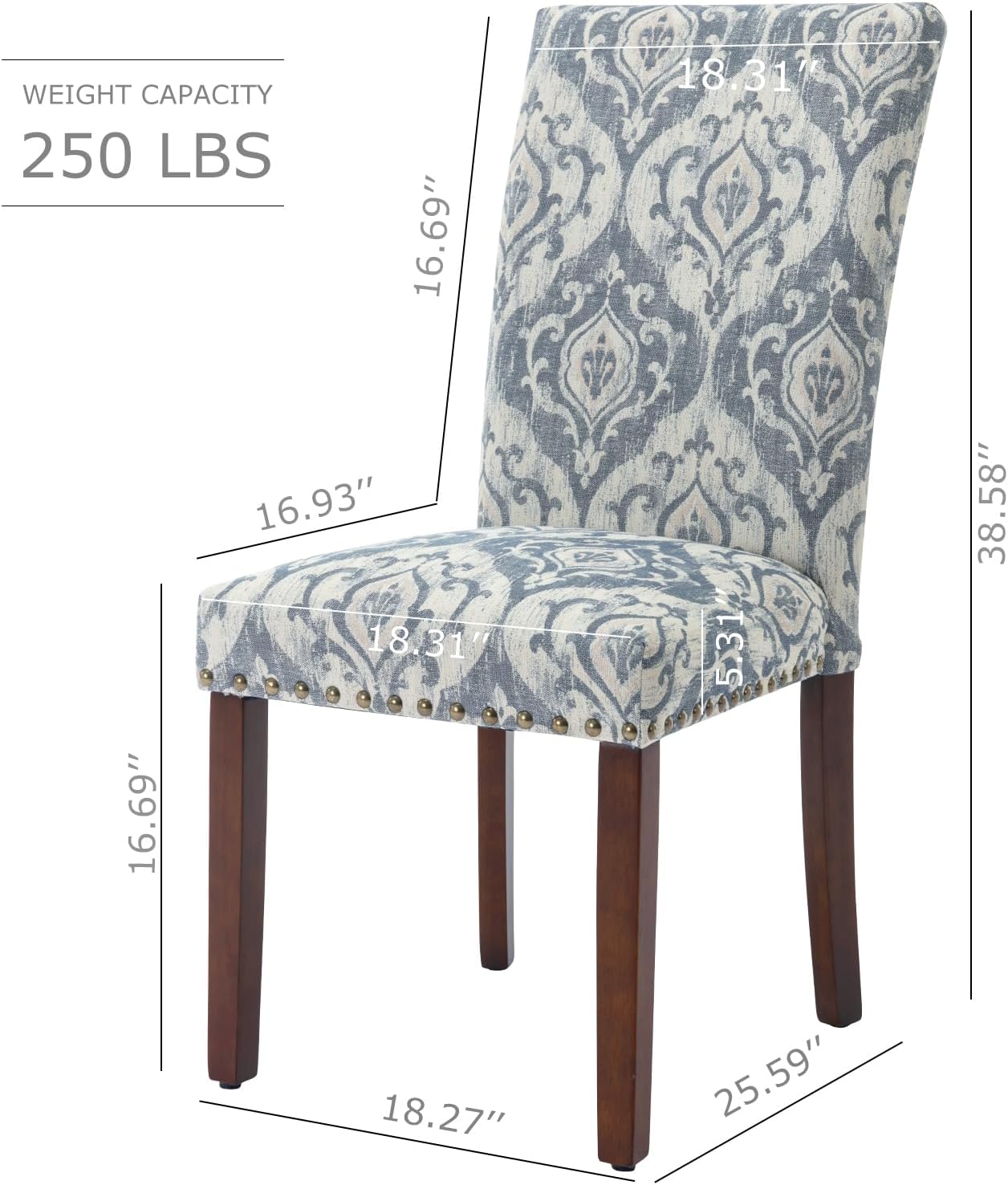 COLAMY Upholstered Parsons Dining Chairs Set of 2, Fabric Dining Room Kitchen Side Chair with Nailhead Trim and Wood Legs - Blue/White Flower