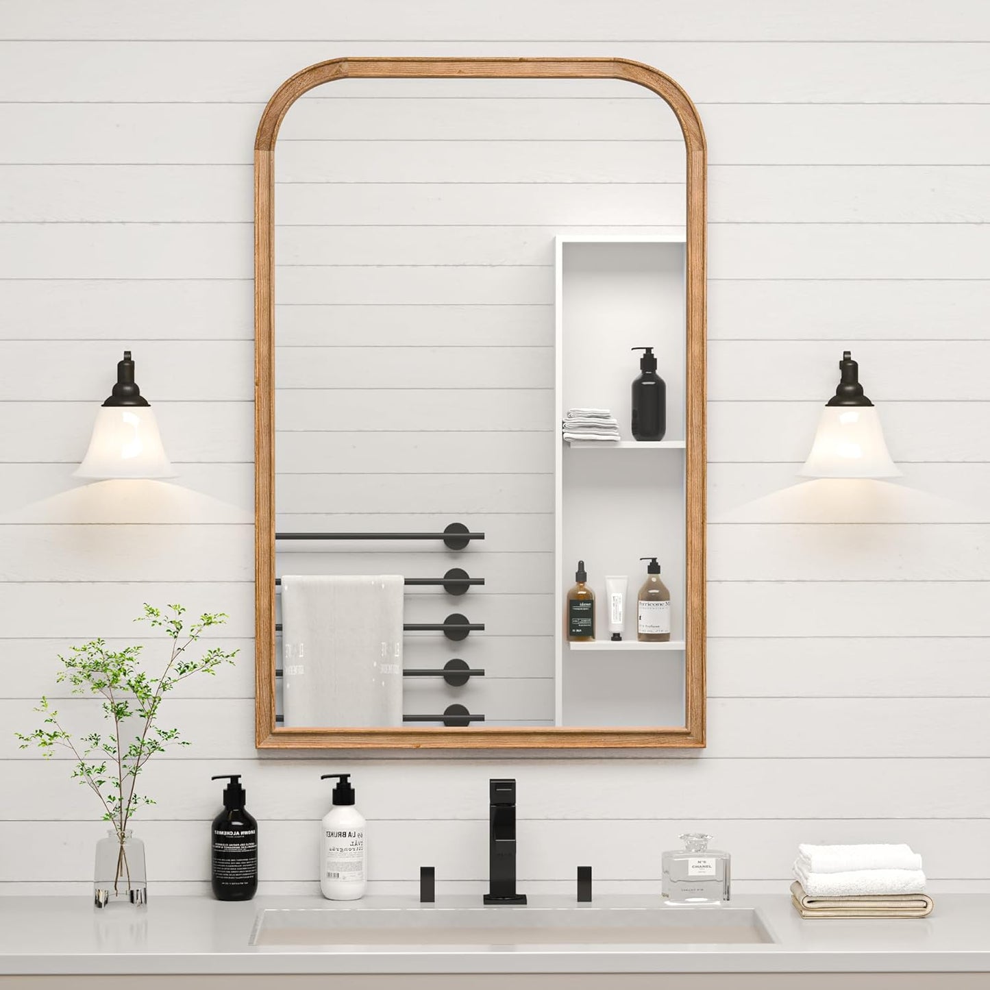 24"x36" Solid Wood Bathroom Mirror Tempered Glass for Wall Mounted, Rustic Wood Frame Wall Mirror Decorative for Bedroom Living Room Vanity Mirror Entryway Mirror, Brown