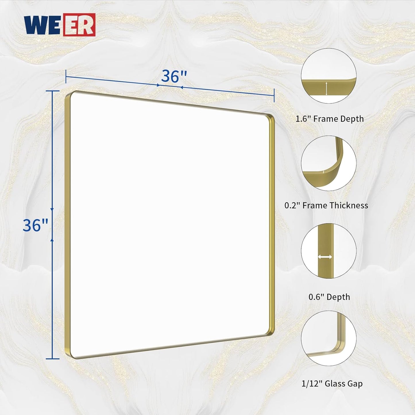WEER Gold Bathroom Mirror, 36X36 Inch Brushed Metal Frame, Rounded Rectangle Vanity for Wall, Tempered Glass, Anti-Rust, Hangs Horizontally or Vertically