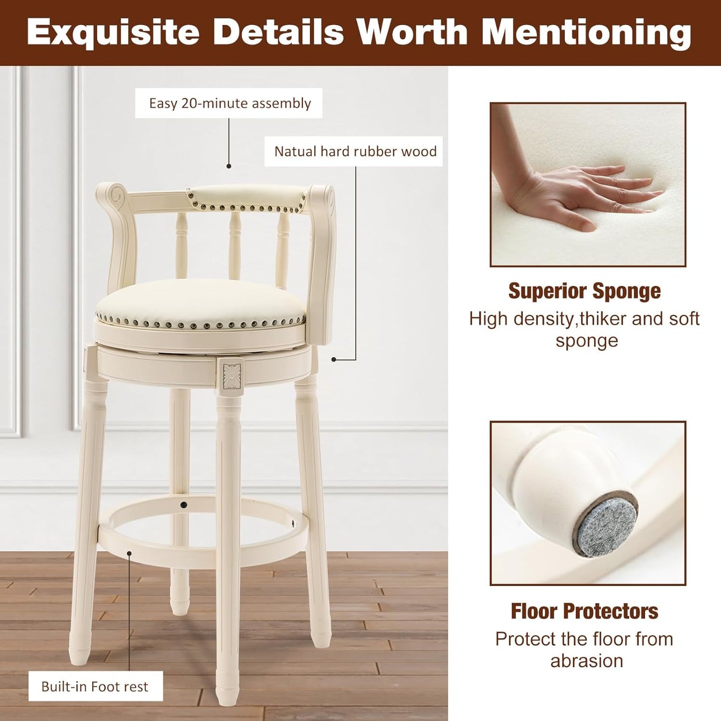 CozyRain Bar Stools Modern Swivel Barstools, Kitchen Counter Genuine Leather Upholstered Bar Stool Island Barstool with Footrest for Home Kitchen Dining Room (White, Seat Height 29.5 in)