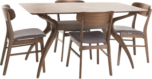 Christopher Knight Home Lucious Curved Leg Rectangular Dining Set, 5-Pcs Set, Natural Walnut / Dark Grey