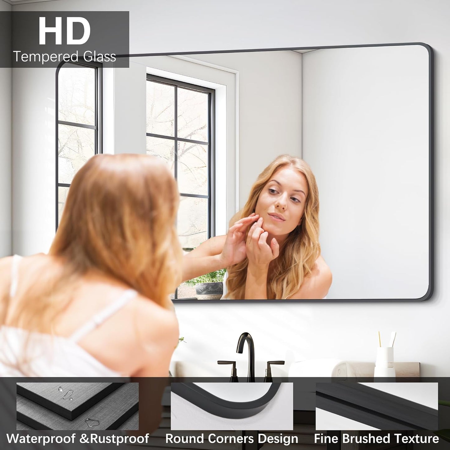 FORBATH Black Bathroom Mirror, Rectangular Vanity Mirror 26" X 38" Wall Mounted Rounded Corner Farmhouse Metal Framed Bath Mirror for Living Room Bedroom Entryway Decor, Hangs Horizontal or Vertical