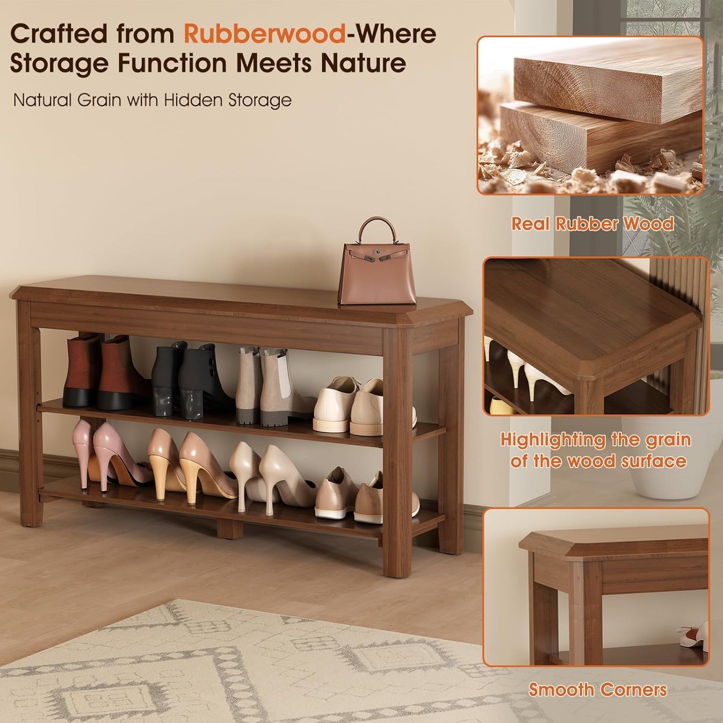 Shoe Rack for Front Door Entrance, Solid Wood Shoe Bench for Closet, Holds Up to 550lbs, Shoe Rack Bench for Entryway, Mudroom, Hallway