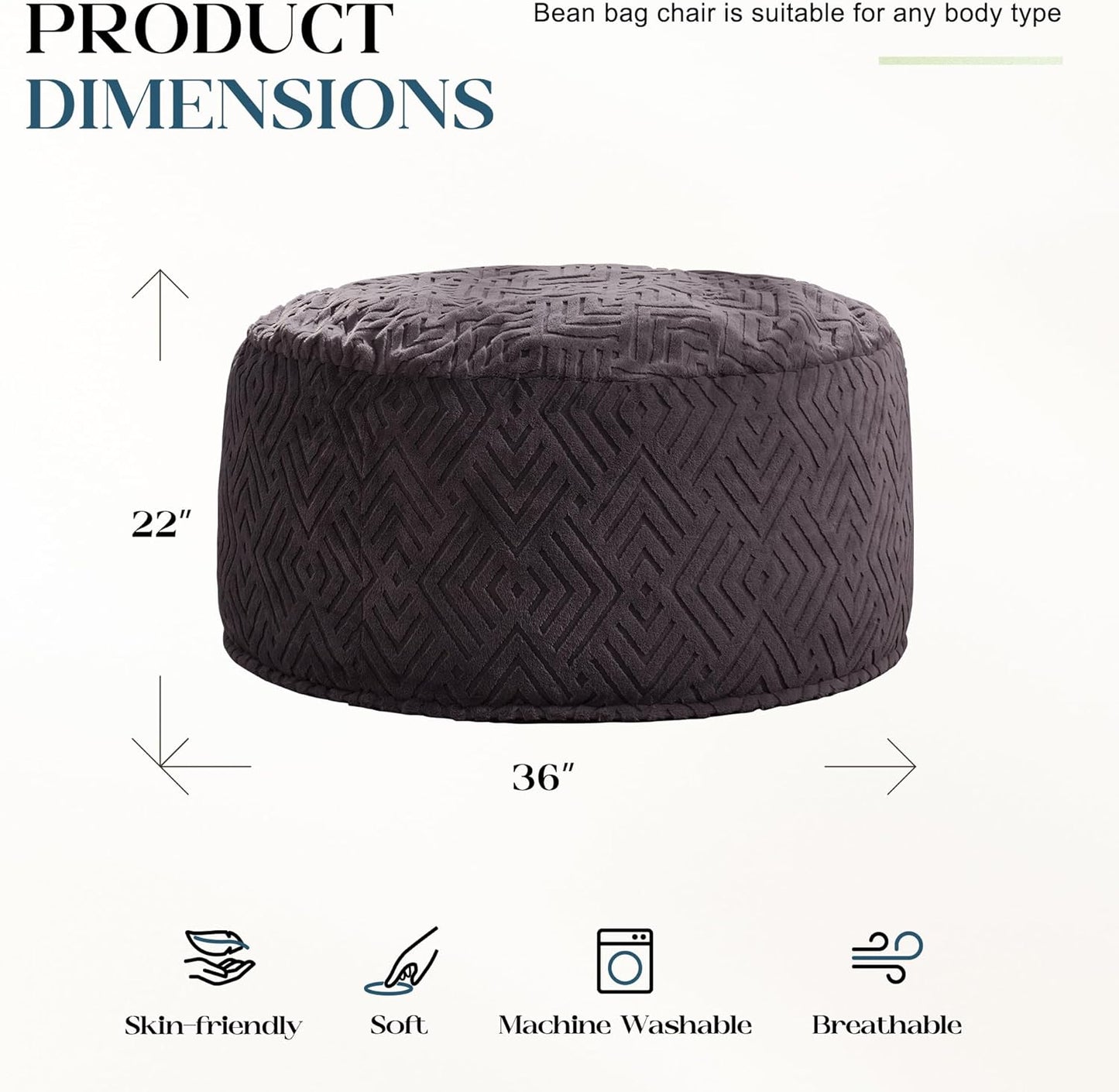 Hobestluk Bean Bag Chairs Adults Beanbag Chair with Filler Large Bean Bags with Fluffy Embossed Cover, Giant Bean Bag Chairs for Adults (Dark Grey, 3FT - 36” x 36” x 22”)