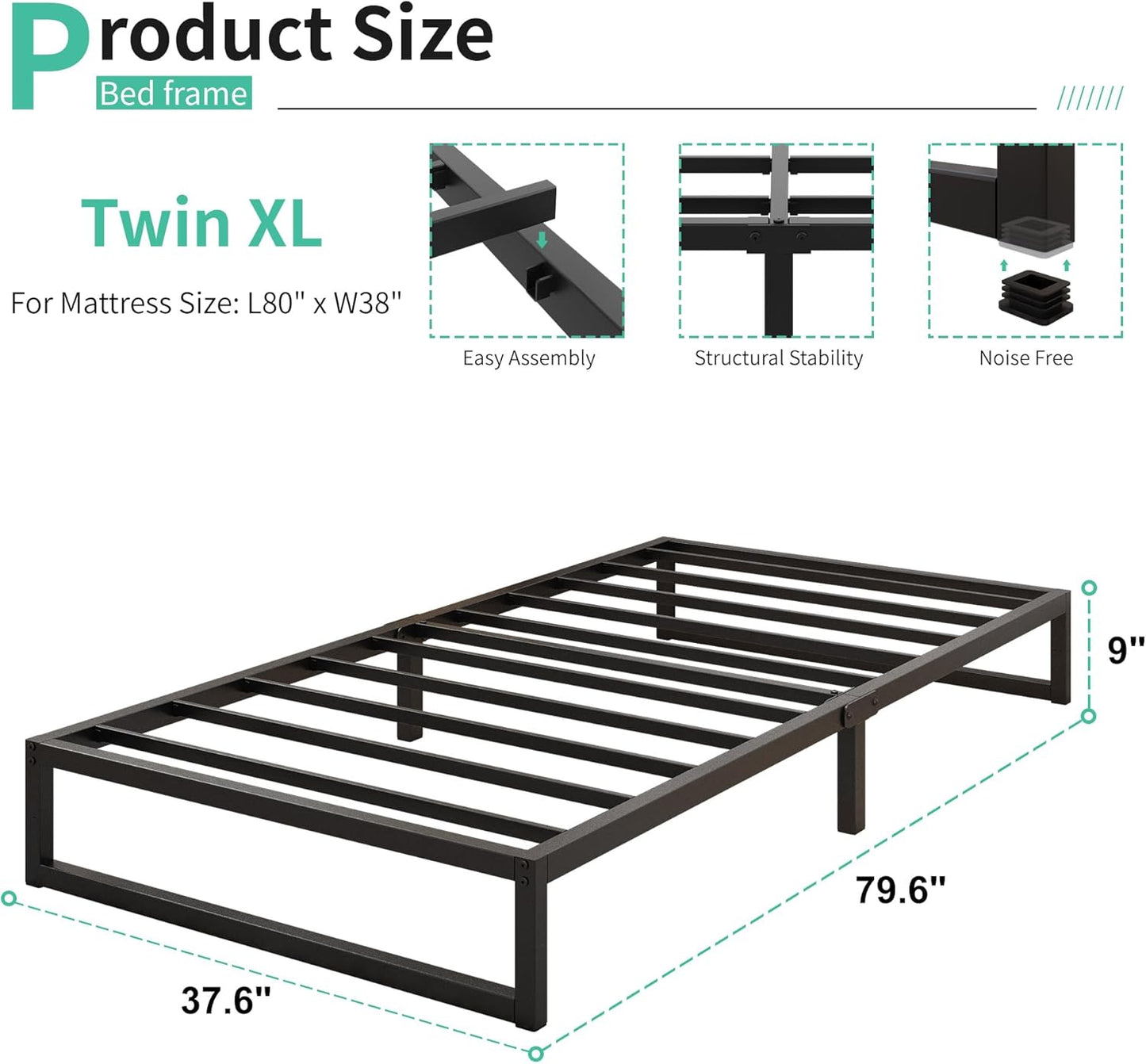 9 Inch Twin XL Bed Frames Heavy Duty Sturdy Metal Platform Bed Frame No Box Spring Needed, Noise Free, Easy Assembly, Black