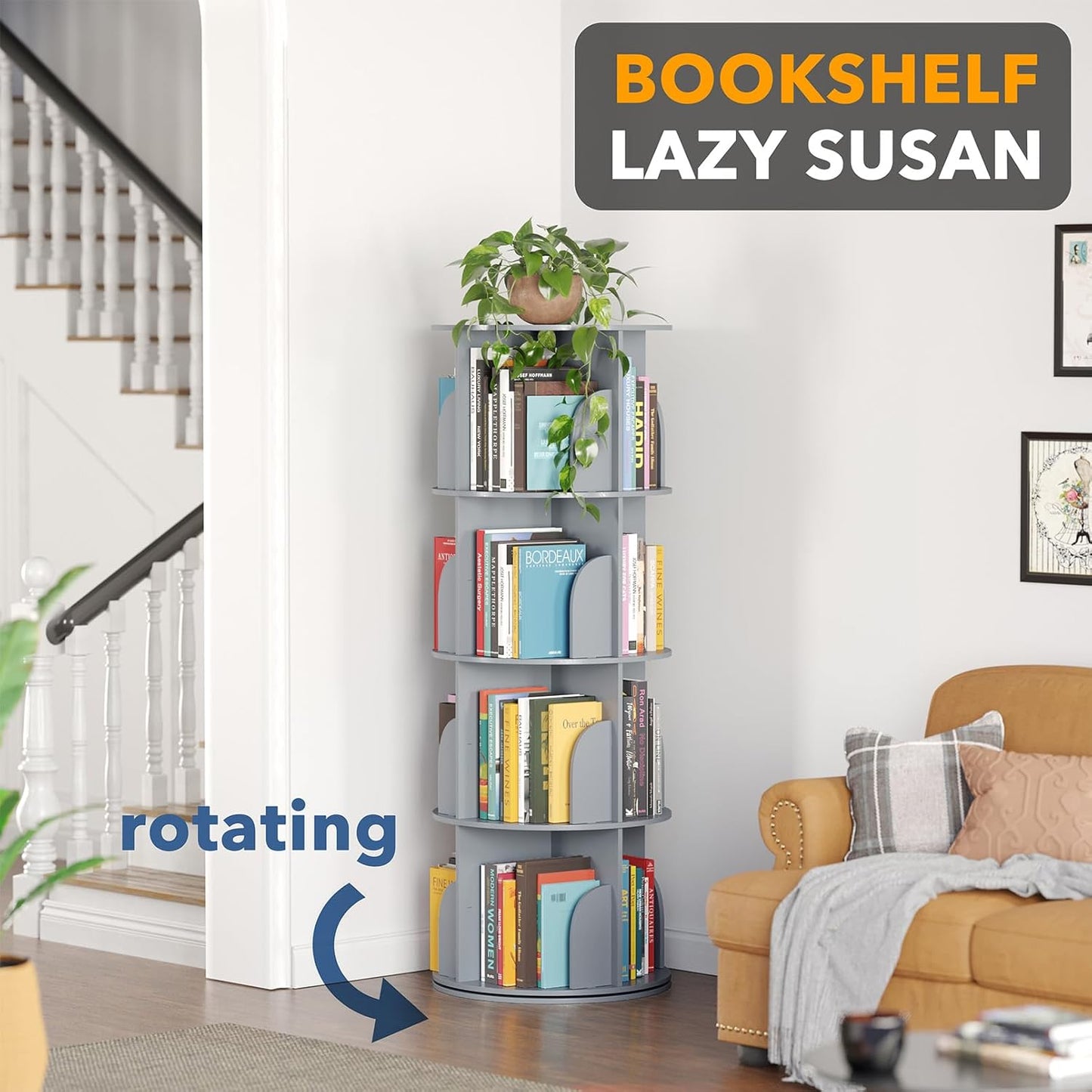 SpaceAid 4 Tier Rotating Bookshelf Tower, Spinning Bookcase Lazy Susan, Revolving 360 Book Shelf Storage Round Carousel, Vertical Rotate Turning Spiral Corner Organizer, Gray