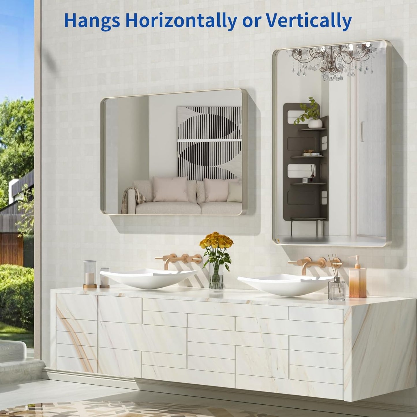 WEER 24X36 Inch Brushed Nickel Bathroom Mirror, Brushed Silver Metal Frame Mirror, Rounded Rectangle Silver Bathroom Vanity Mirror, Tempered Glass, Anti-Rust, Hangs Horizontally or Vertically