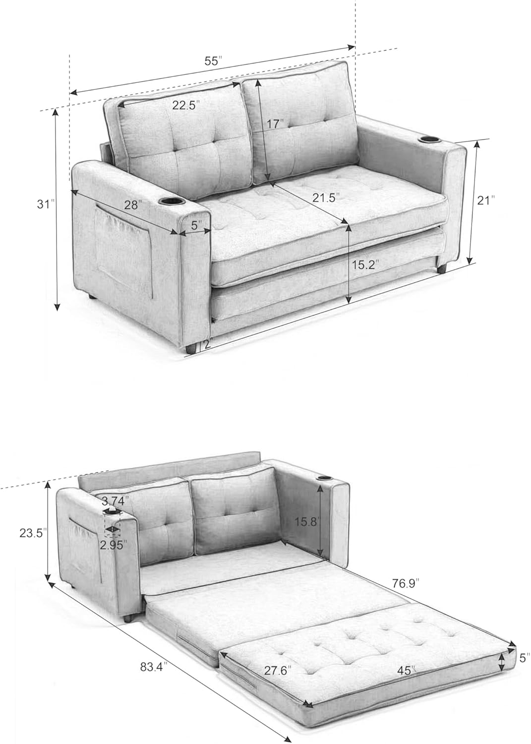 ERYE Modern Upholstered Loveseat Sofa Foldable Convertible Floor Sofabed W/Cupholders and Pockets, 3 Fold Tufted Futon Lounge Sofa with Pull Out Sleeper Couch Bed for Living Room Bedroom Studio