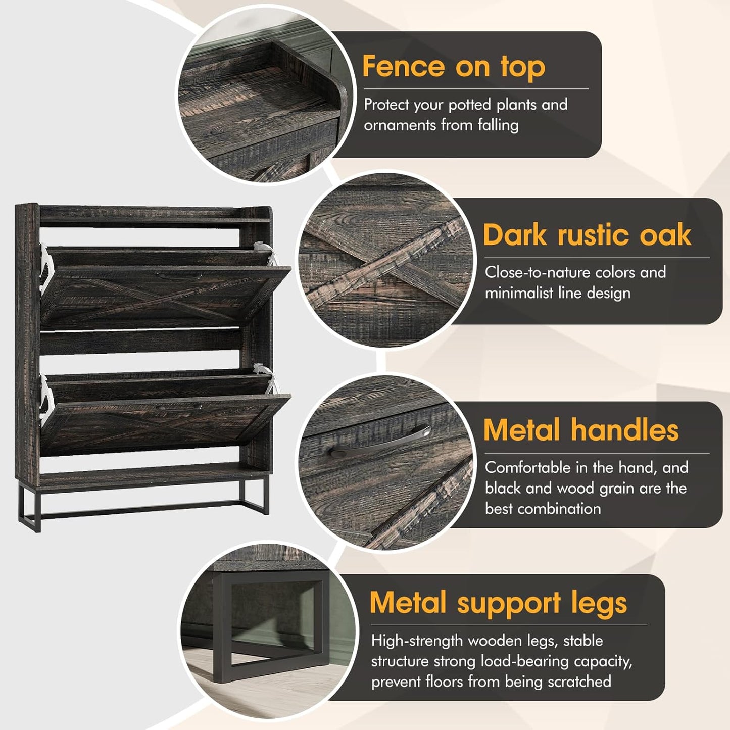 Maupvit Shoe Storage Cabinet with 2 Flip Drawers, Freestanding Organizer with Metal Legs for Entryway, Narrow Shoe Rack Cabinet, Dark Rustic Oak