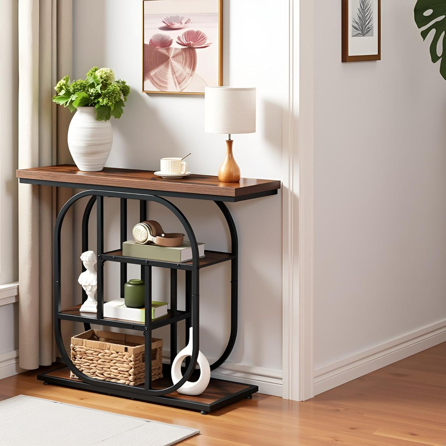 HOOBRO 43.3" Console Table, 4-Tier Sofa Table, Industrial Entryway Table, Behind Couch Table, Accent Table with Storage Shelf for Entryway, Foyer, Living Room, Bedroom, Hallway, Rustic Brown BF65XG01