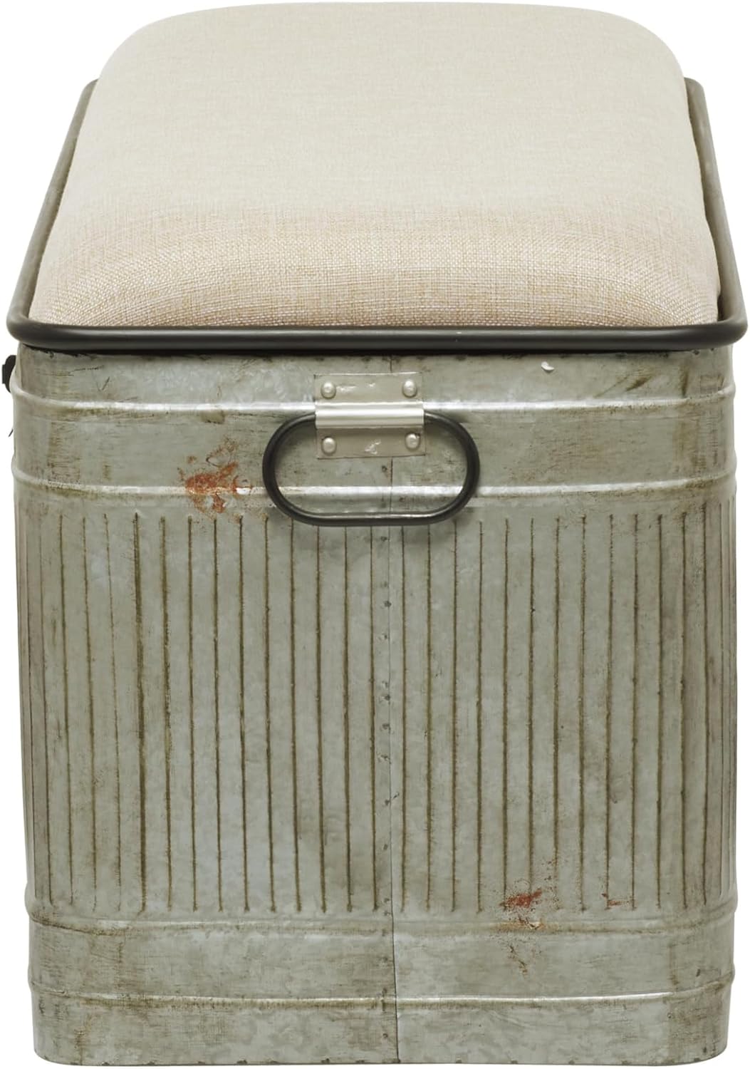 Deco 79 Metal Room Storage Bench Galvanized Entryway Bench with Cream Burlap Top and Black Latches, Bench 38" x 16" x 19", Gray