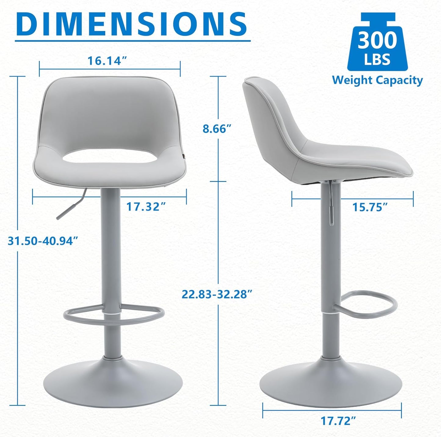 YOUNIKE Bar Stools Set of 2 All Grey Swivel Barstools, Adjustable Counter Height Bar Stools Faux Leather Upholstered Counter Stools with Hollow Back for Kitchen Island