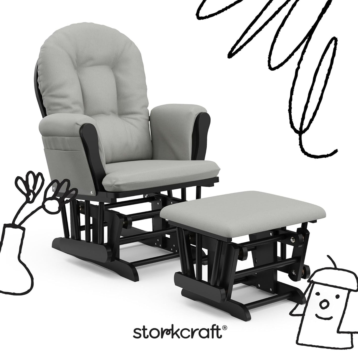 Storkcraft Premium Hoop Glider & Ottoman (Black with Light Gray) — GREENGUARD Gold Certified, Wood Craftsmanship, Convenient Storage Pockets, Smooth-Gliding Chair for Nursery, Multi-Award-Winning