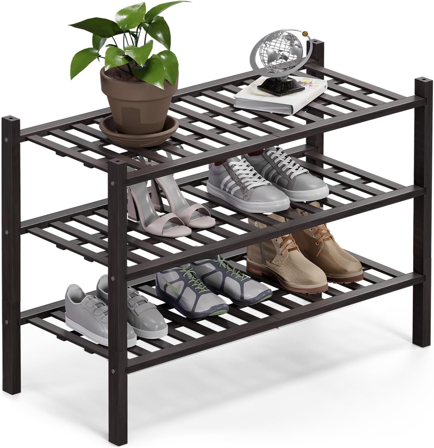 Haddockway 3 Tier Bamboo Shoe Rack Storage Organizer, Multifunctional Free Standing Stackable Shoe Shelf with Grid Panel for Closet,Hallway,Entryway,Small Space 27"x11"x20" (Brown, 3 Tier)