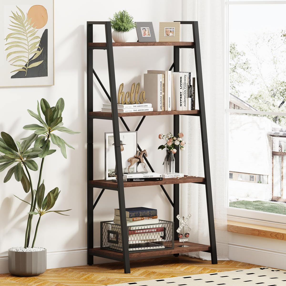 BON AUGURE Industrial Ladder Shelf Bookcase, 4 Tier Rustic Ladder Bookshelf, Standing Leaning Book Shelves for Living Room (Rustic Oak)