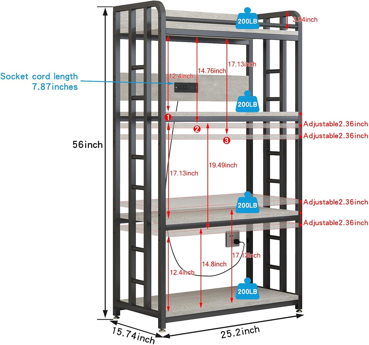 Adjustable 4-Tier Heavy Duty Kitchen Baker's Rack with Power Outlet, with Industrial Wheels, Free Standing Microwave Oven Cart Stand for Storage in Living Room, Garage, Greige