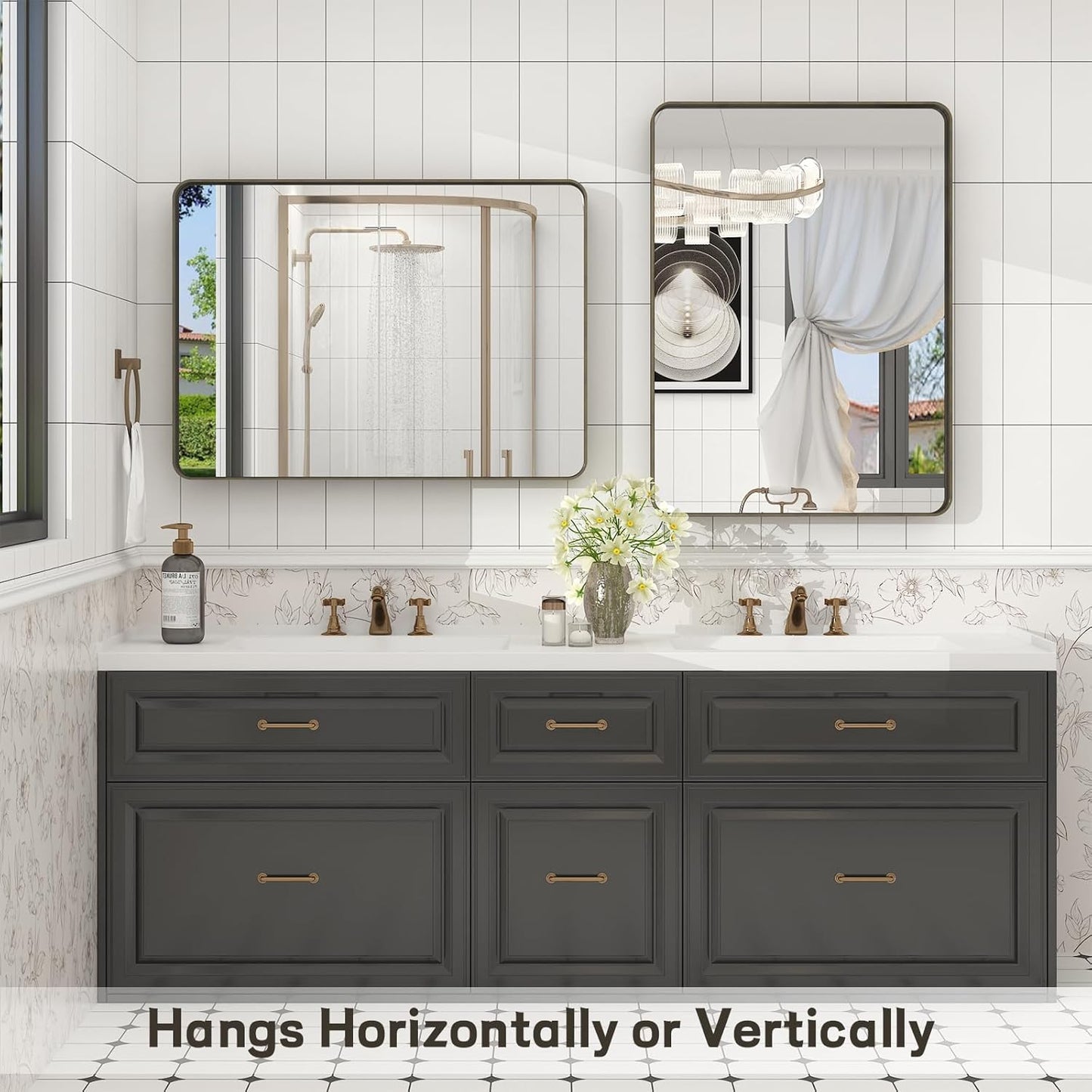 22x30 Inch Bronze Framed Bathroom Mirror, Brushed Bronze Metal Vanity Mirror, Bronze Rectangle Mirror, Rounded Corner, Tempered Glass, Anti-Rust, Shatterproof (Horizontal/Vertical)